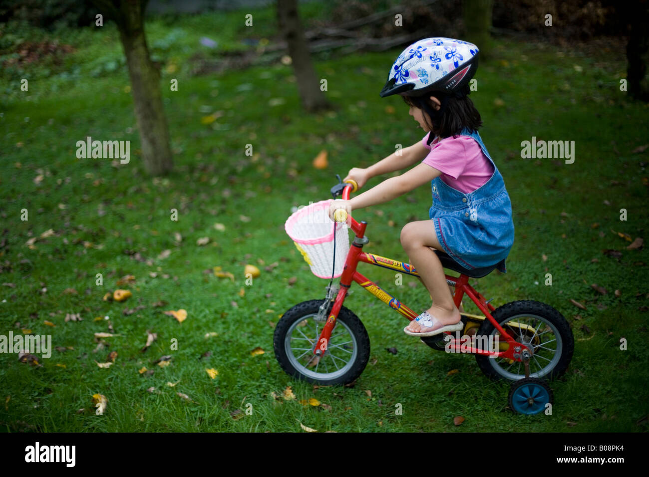 Girl aged four rides bike with training wheels and basket around the garden on a wet day Stock Photo
