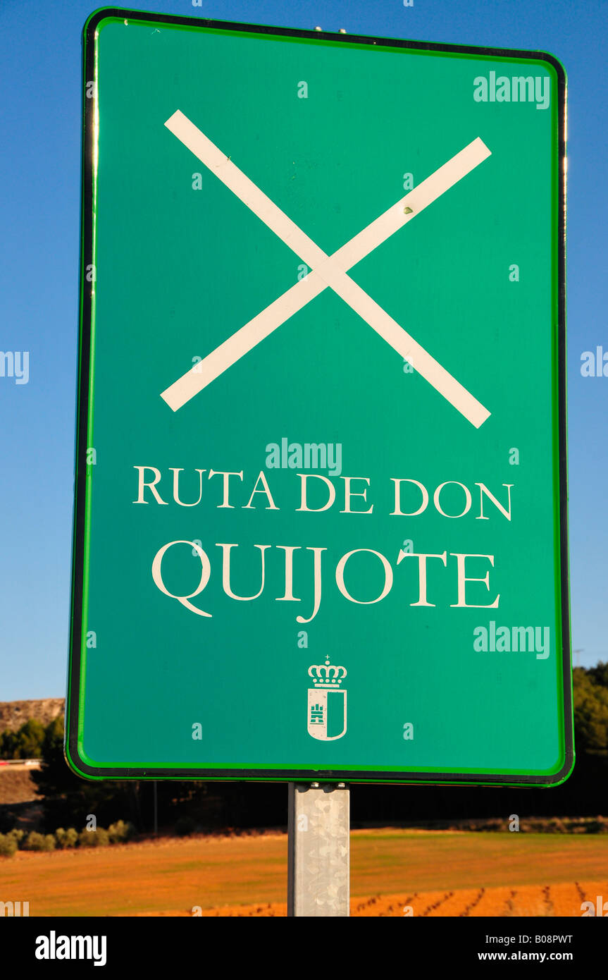 Tourist sign, Ruta del Don Quijote, Don Quixote Route near Belmonte, Castilla-La Mancha region, Spain Stock Photo