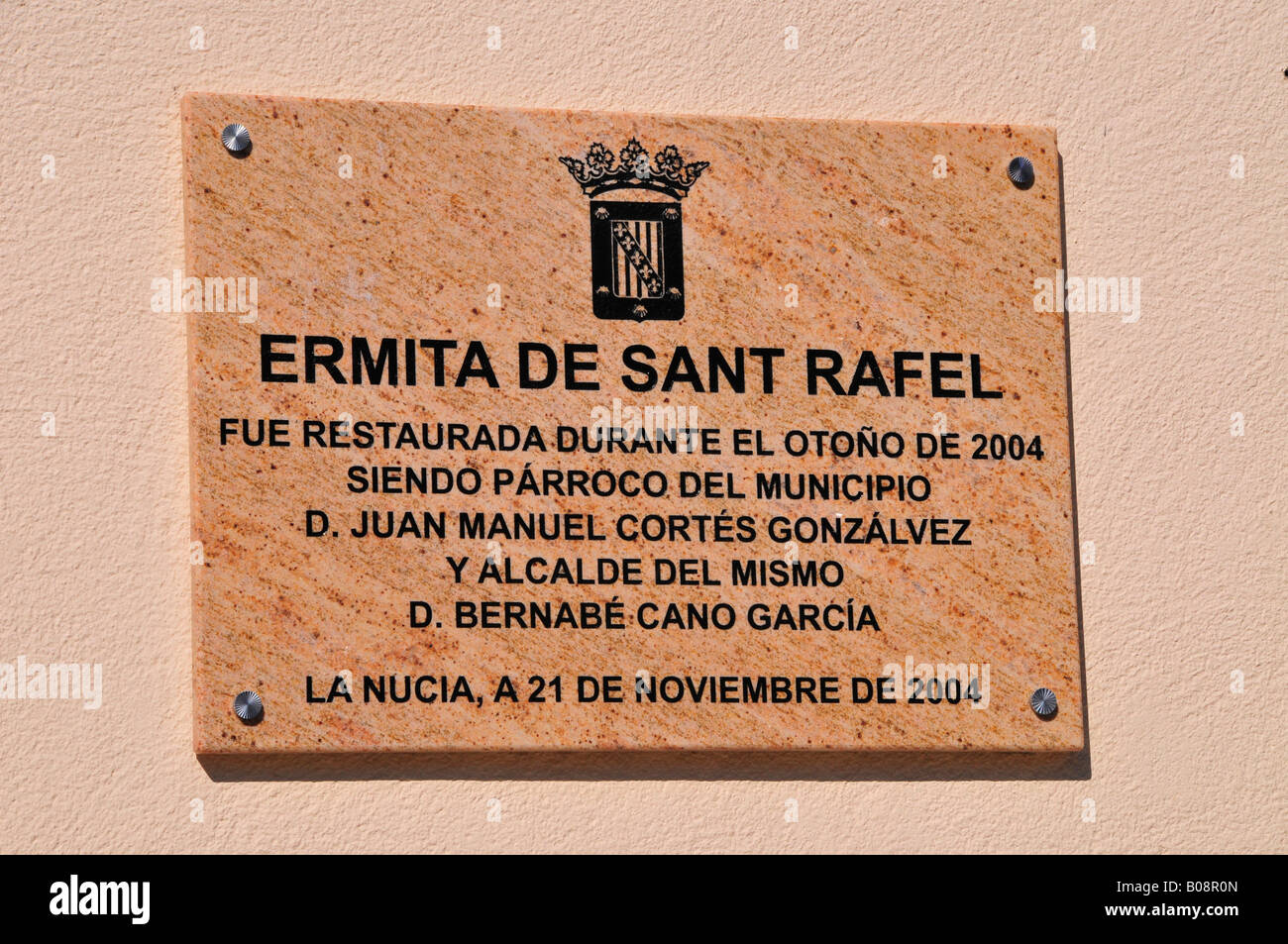 Sign, Ermita de Sant Rafael Church, La Nucia, Costa Blanca, Spain Stock Photo