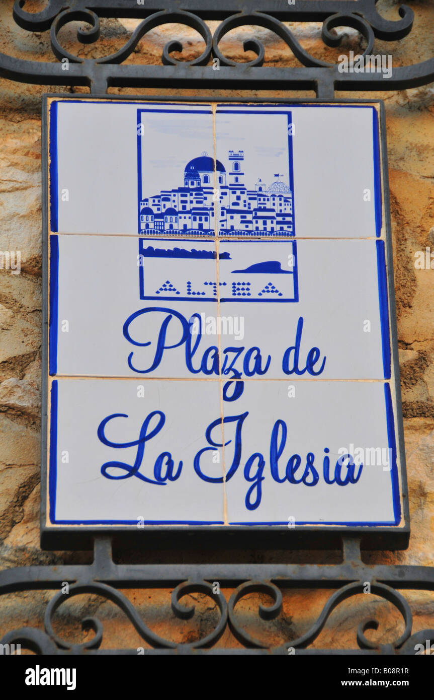 Painted tiles, sign, Plaza de la Iglesia, in Altea, Costa Blanca, Spain Stock Photo