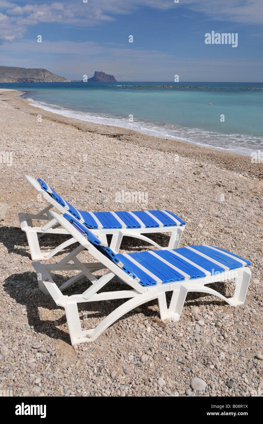 Two empty deck chairs on the beach, Altea, Costa Blanca, Spain Stock Photo