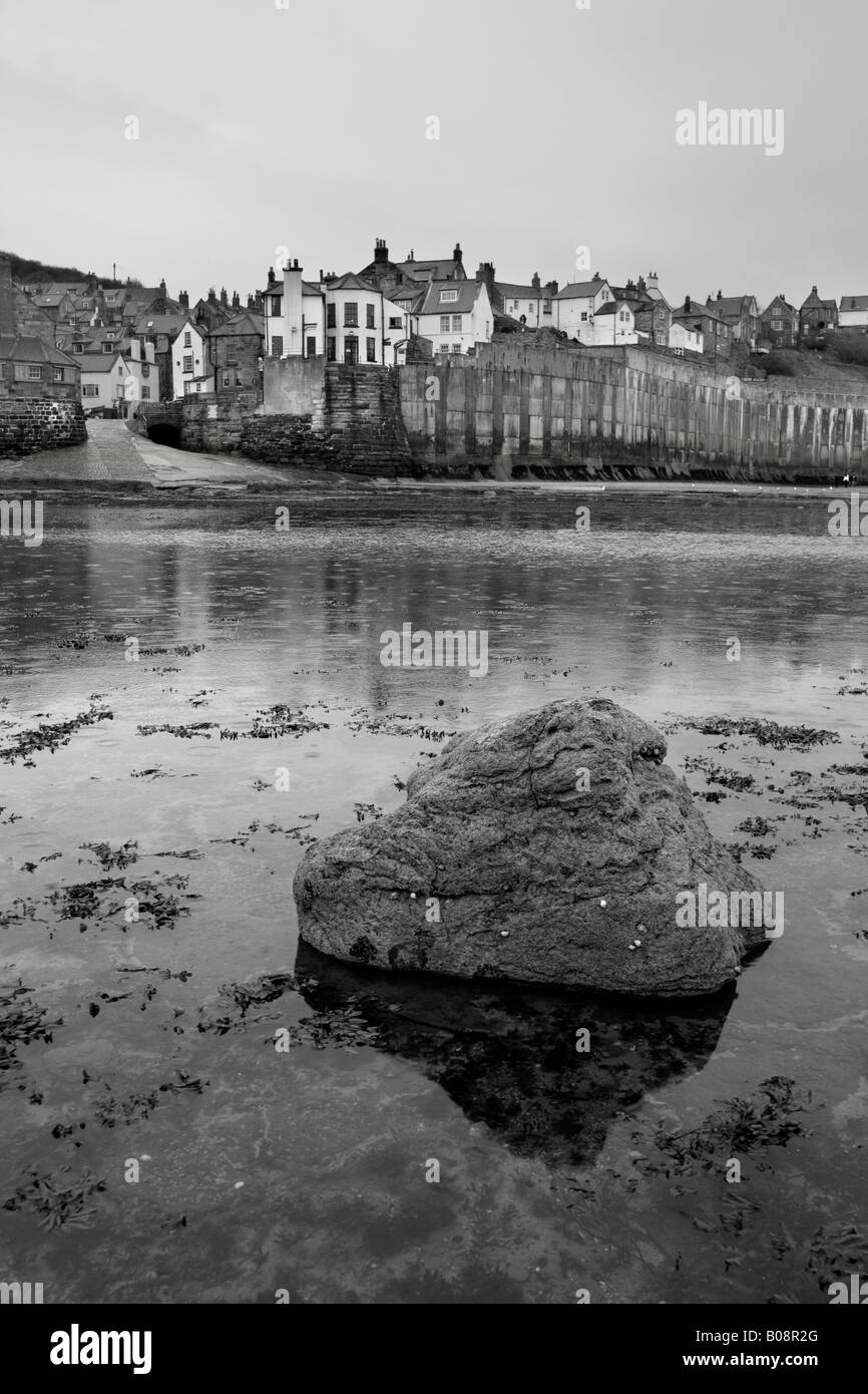 View of Robin Hood's Bay, North Yorkshire from the beachrock Stock Photo