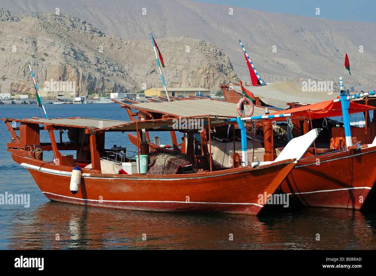 Traditional dhows in the harbour of Khasab, Musamdam, Oman, Middle East Stock Photo