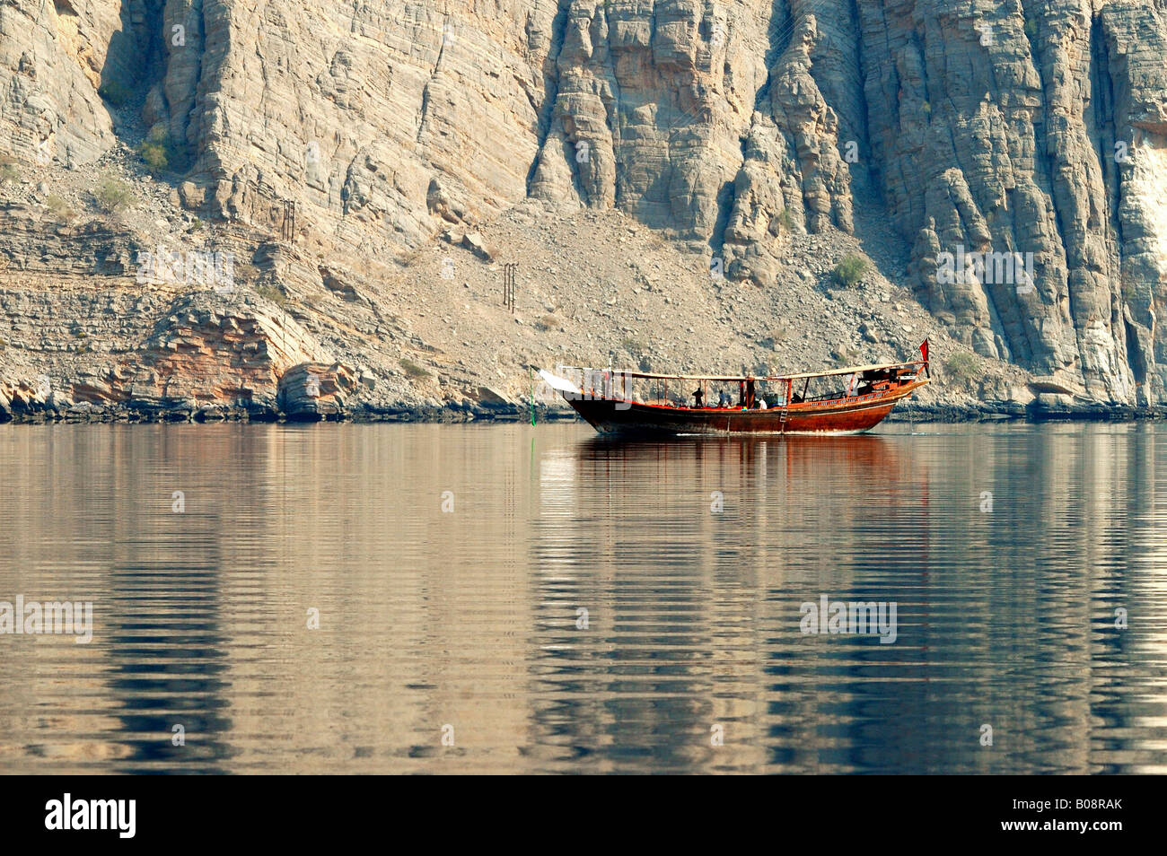 Boat in the fjords of Musandam, Oman, Middle East Stock Photo
