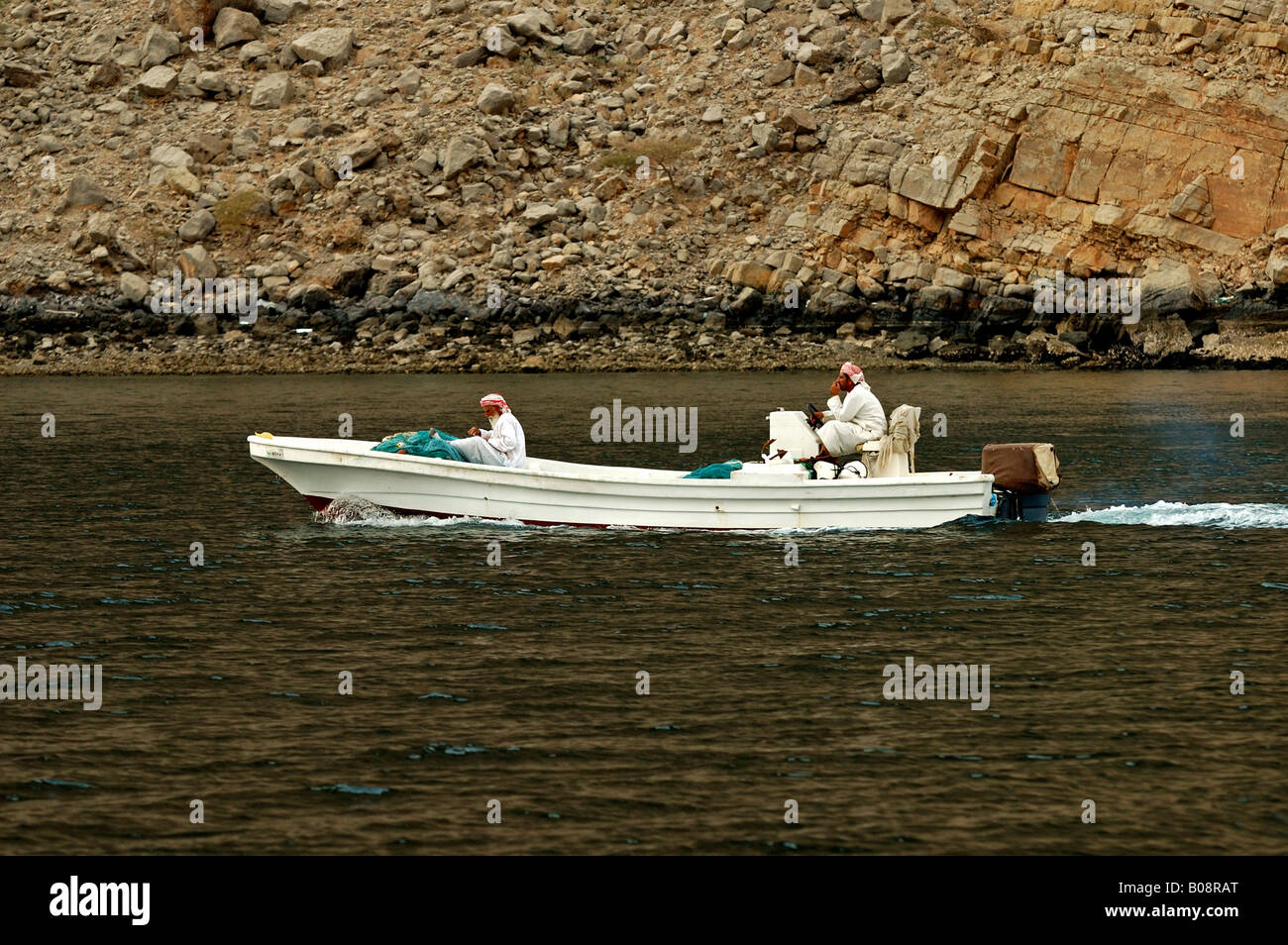 Motorboat in a fjord of Musandam, Oman, Middle East Stock Photo