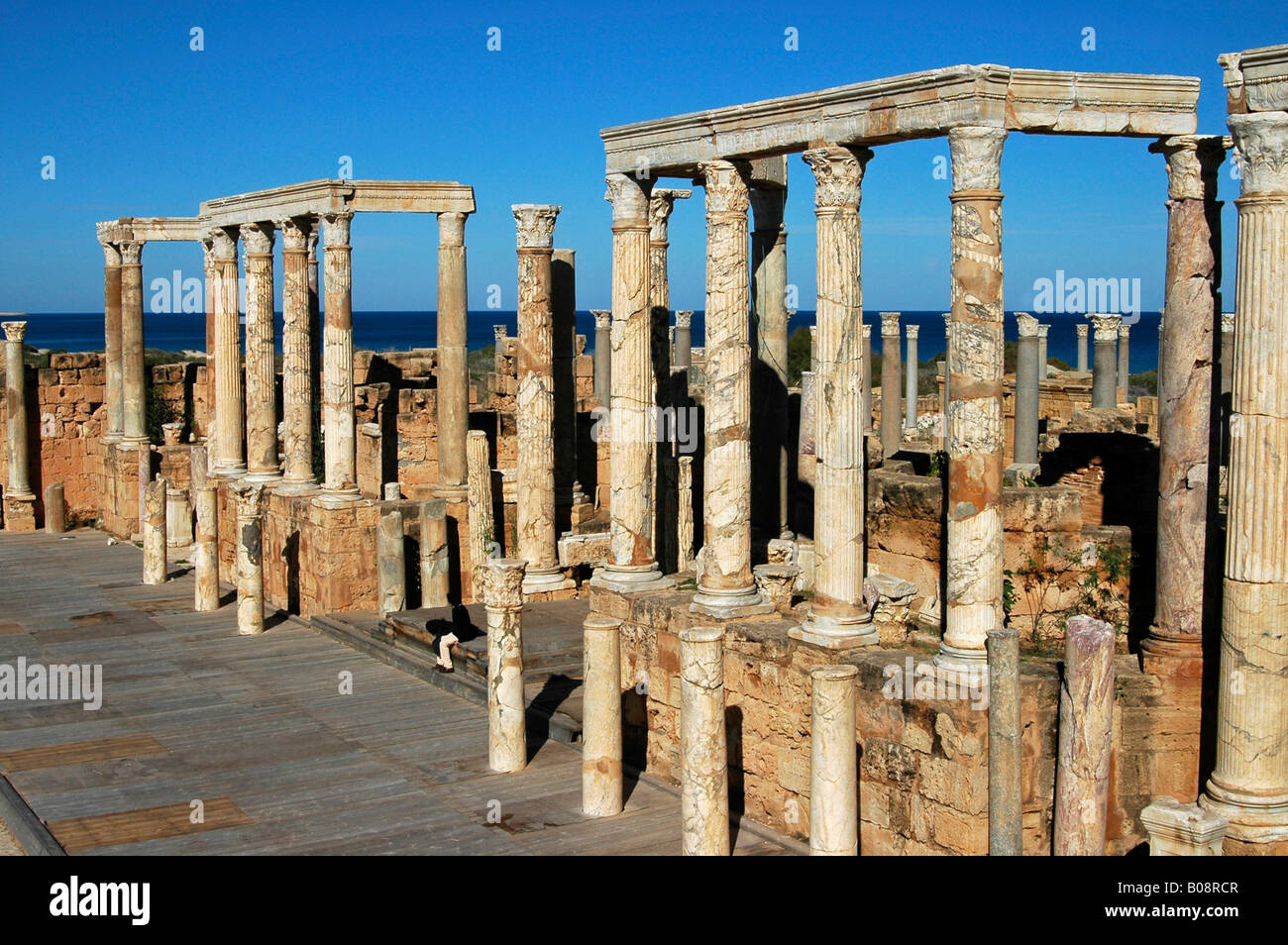 Stone columns, Roman ruins of the amphitheater stage at Leptis, Libya, North Africa Stock Photo