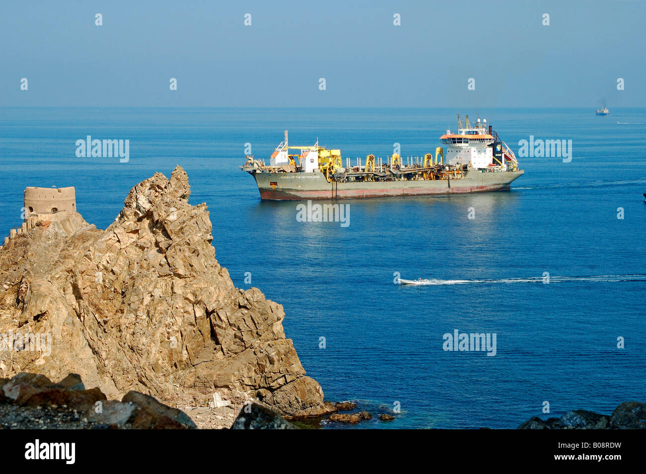 Dredger 'Queen of the Netherlands' entering the harbour of Sultan Qaboos, Muscat, Oman, Middle East Stock Photo