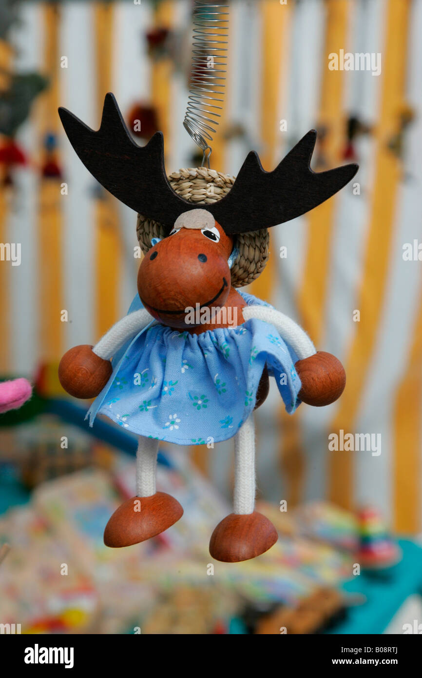 Moose, wooden toys sold at a market stand, Simonis Market, Muehldorf am Inn, Bavaria, Germany Stock Photo