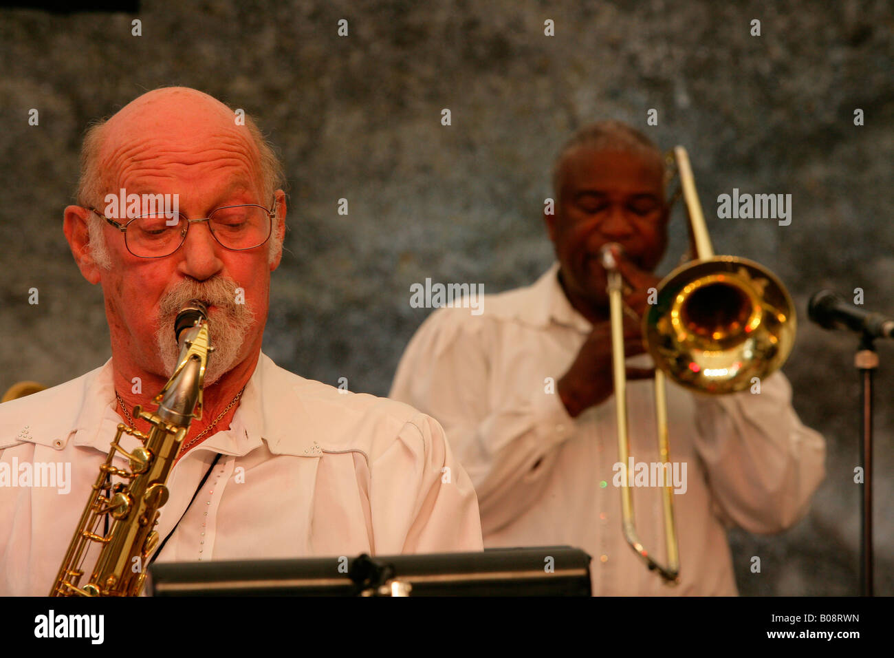 Ambros Seelos and band performing at a jazz festival in Muehldorf am Inn, Bavaria, Germany Stock Photo
