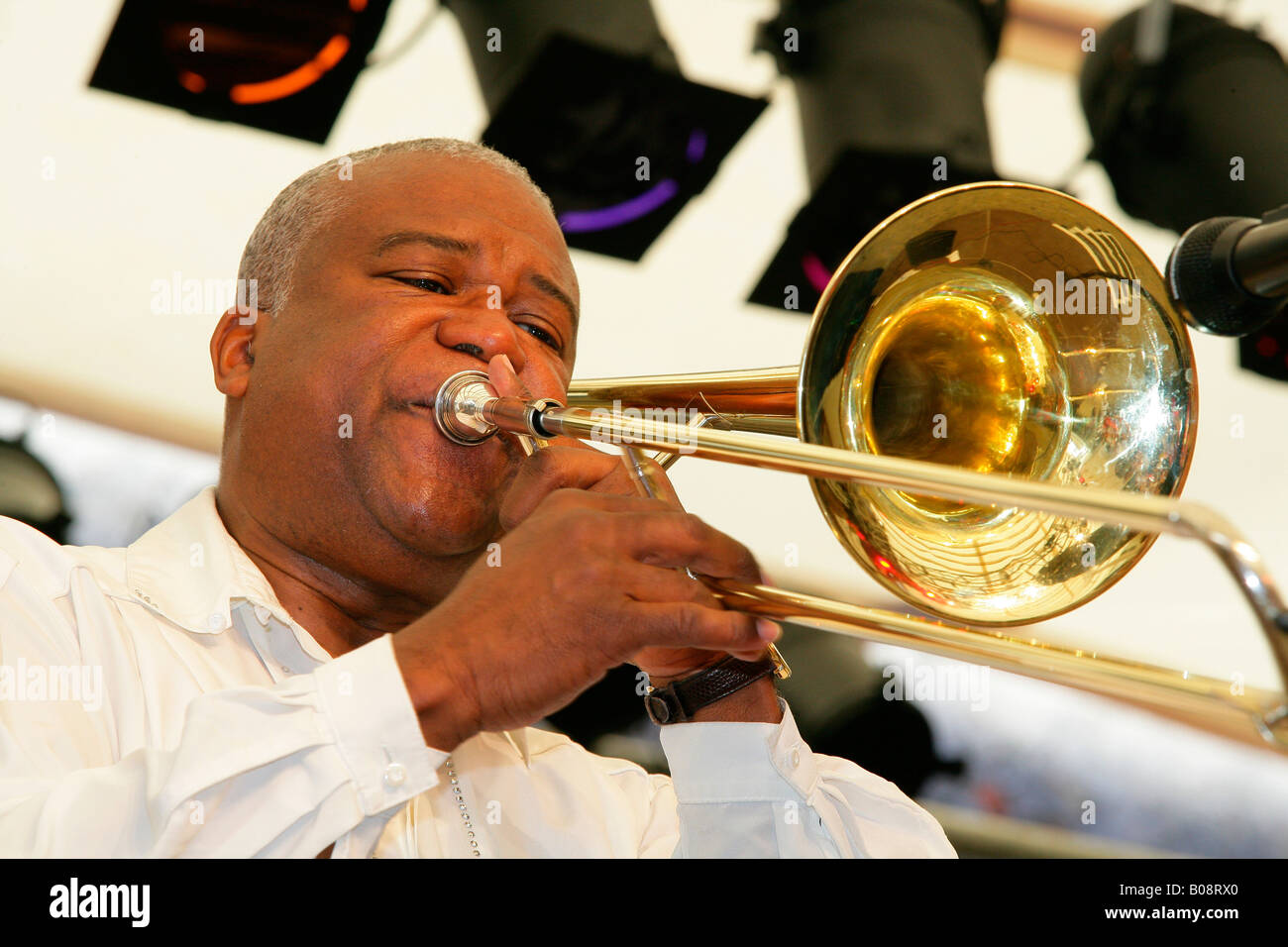 Trombonist, Ambros Seelos Band performing at a jazz festival in Muehldorf am Inn, Bavaria, Germany Stock Photo