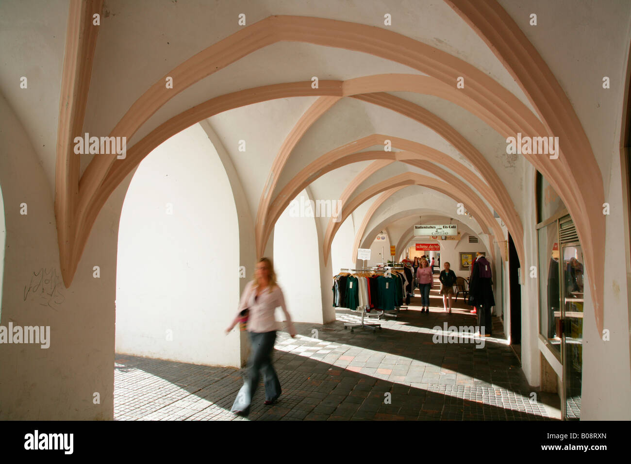 Arched shopping passage in Muehldorf am Inn, Bavaria, Germany Stock ...
