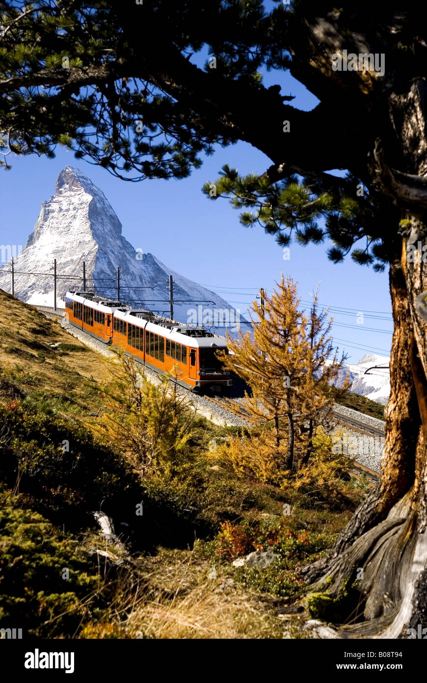 Gornergratbahn, Gornergrat railway in the background Matterhorn, Switzerland Stock Photo