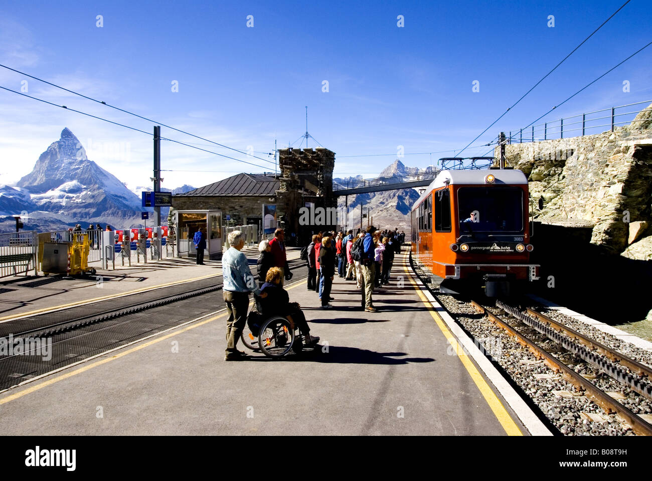 Gornergratbahn, Gornergrat railway in the background Matterhorn, Switzerland Stock Photo