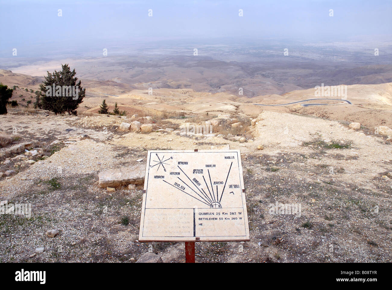 Landscape seen from Mt. Nebo with visitor’s map, Jordan, Middle East
