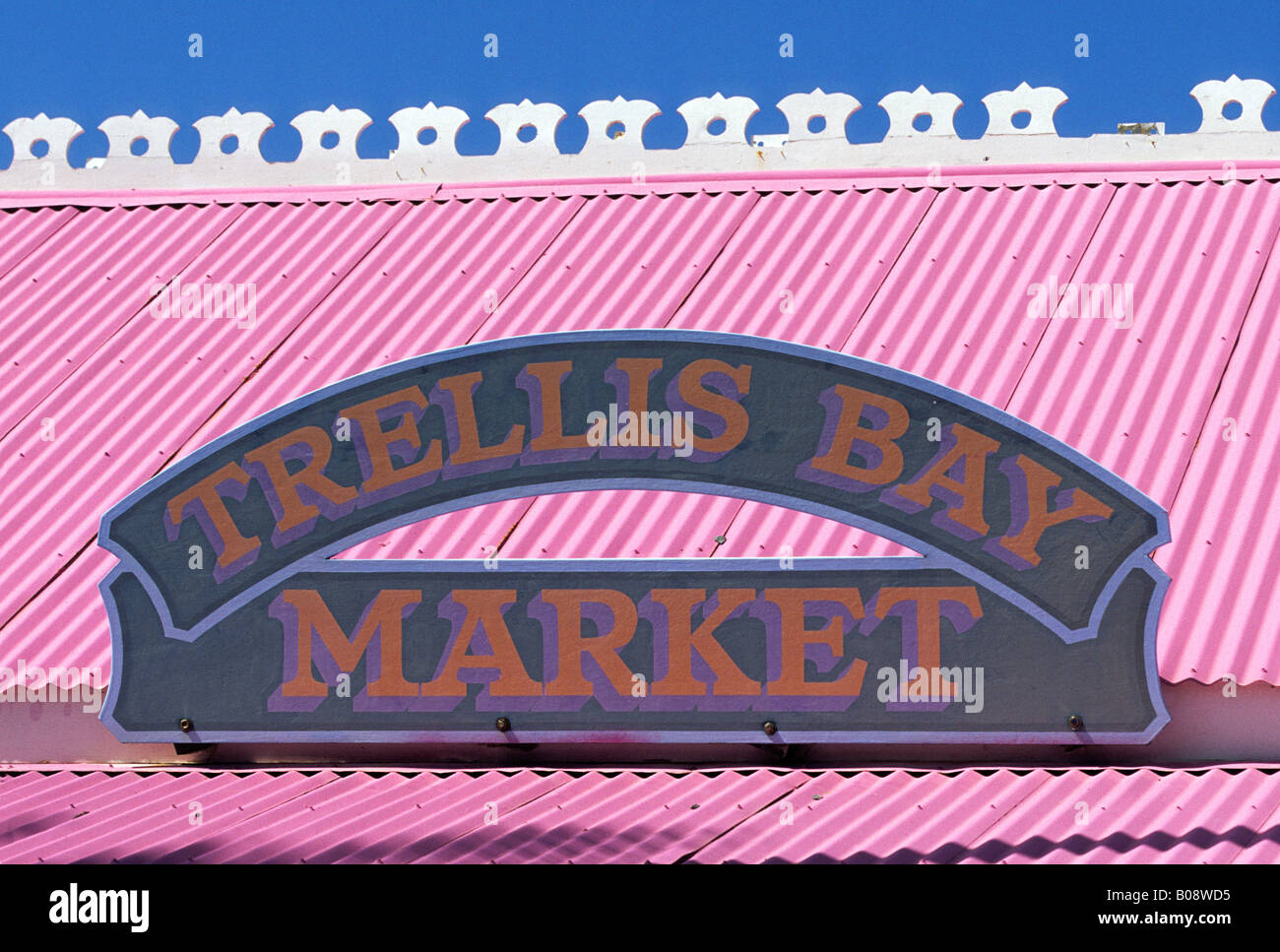 Sign on a pink tin roof at a small supermarket on Beef Island, British Virgin Islands, Lesser Antilles, Caribbean Stock Photo