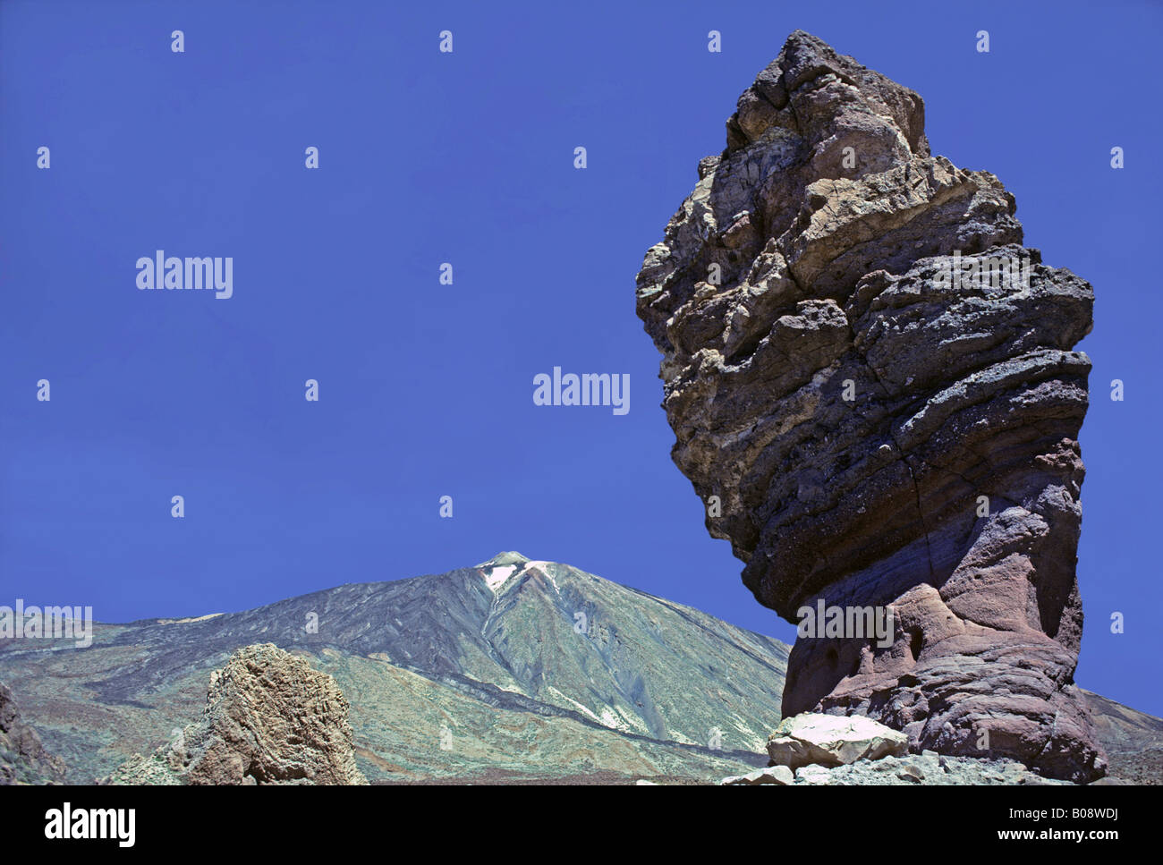 Roque Chinchado rock formation and petrified tree, Pico de Teide, UNESCO World Heritage Site, Tenerife Island, Canary Islands, Stock Photo