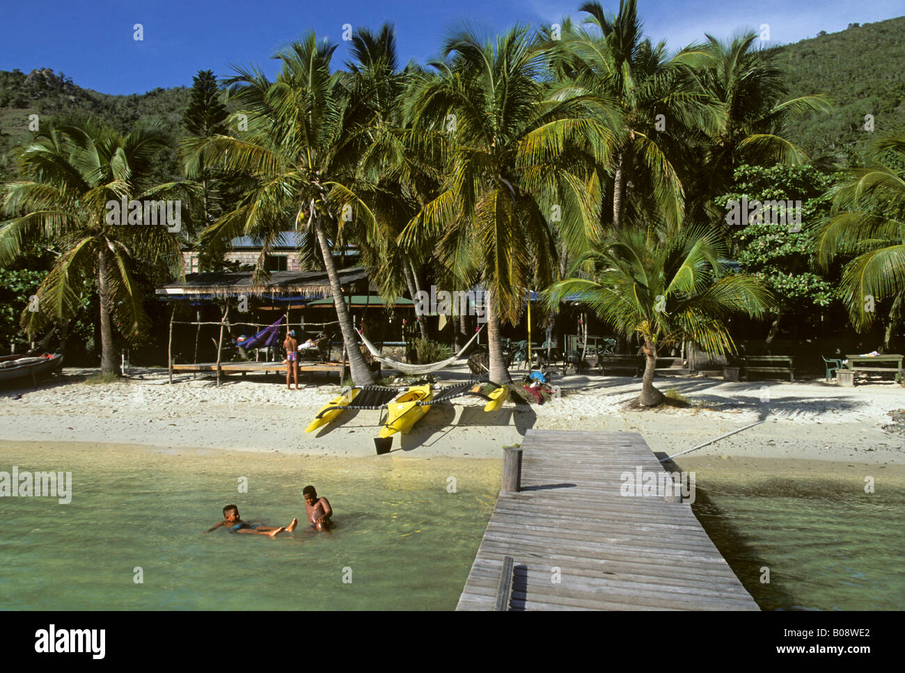 Palm trees at a beach on Jost Van Dyke Island, British Virgin Islands, Lesser Antilles, Caribbean Stock Photo