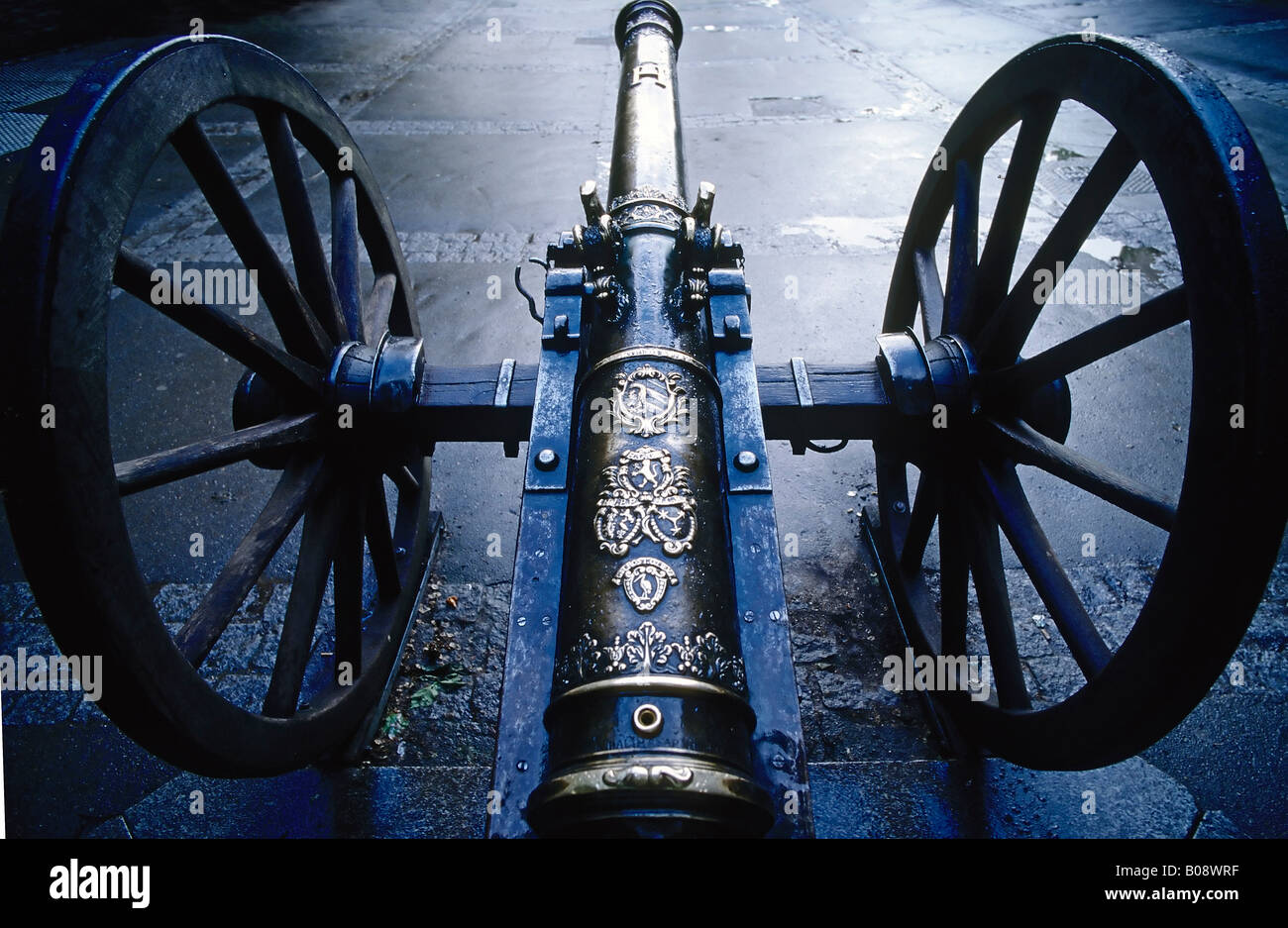 Prussian cannon with decorative coat of arms on gun carriage, inner courtyard of Hohenzollern Castle near Hechingen, Swabian Al Stock Photo