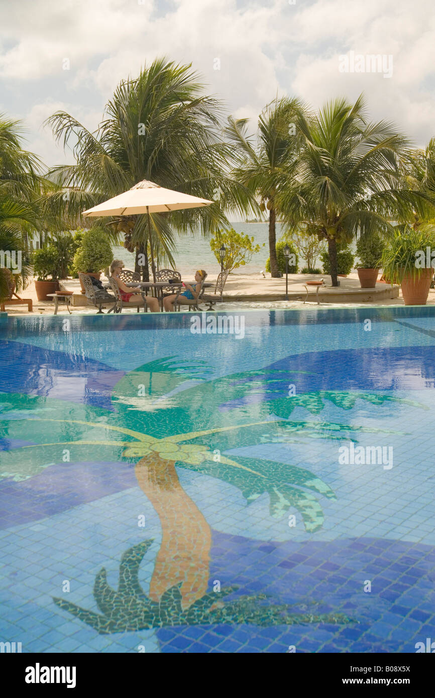 Swimming Pool With Decorative Tiles Of Palm Tree On Bottom And