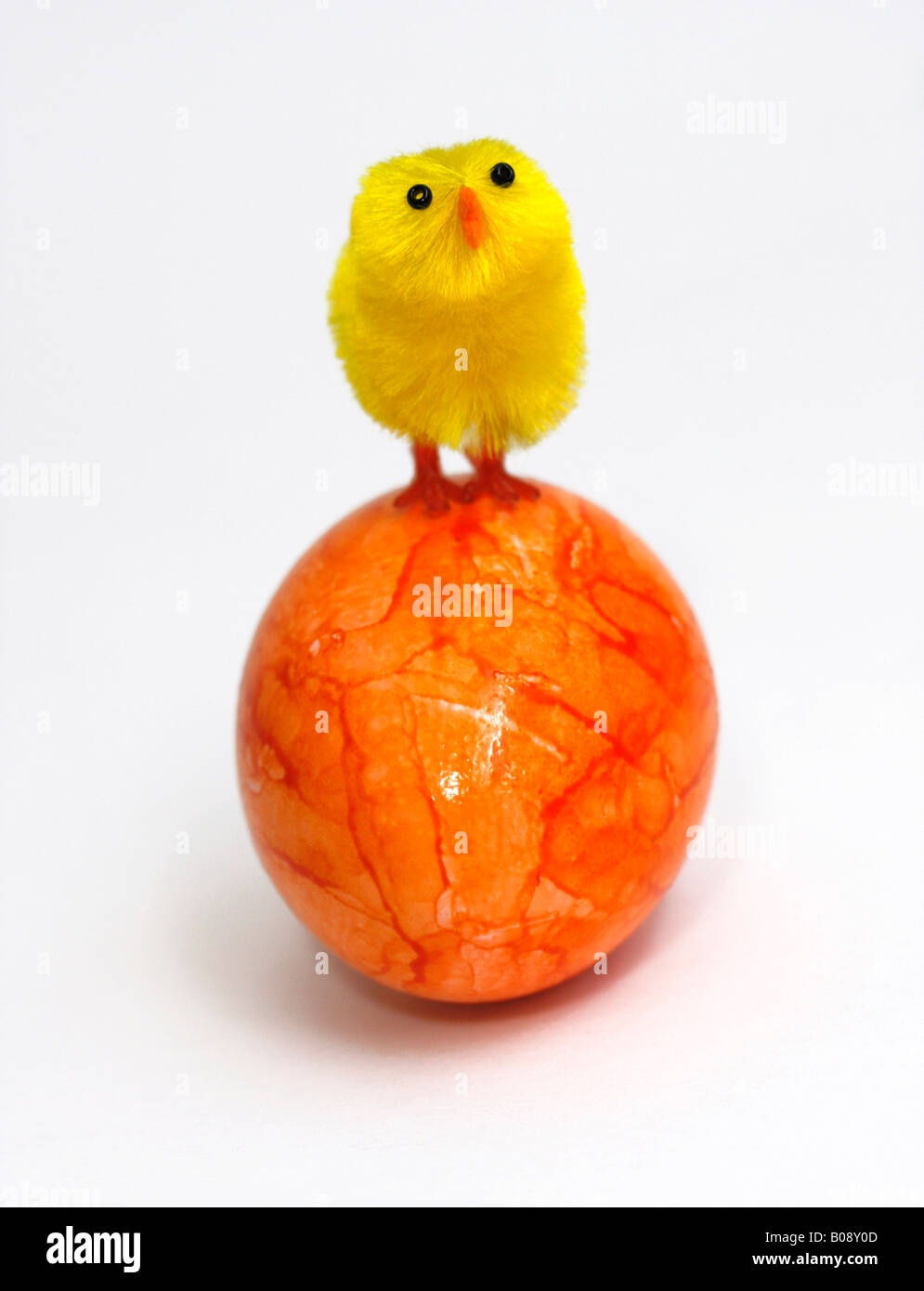 Chick perched on top of painted Easter egg Stock Photo