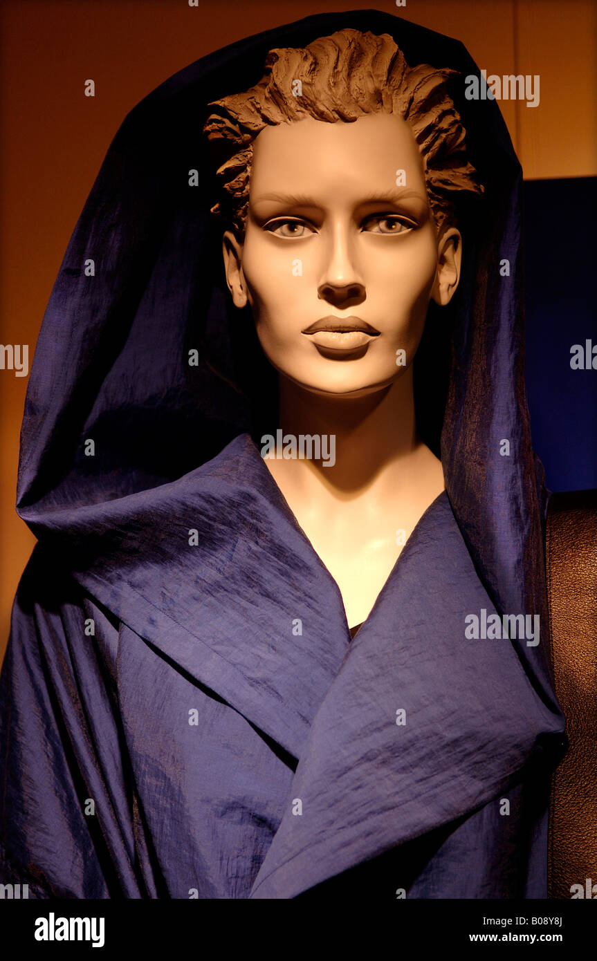 Female storefront mannequin wearing blue hooded dress, Erlangen, Middle Franconia, Bavaria, Germany, Europe Stock Photo
