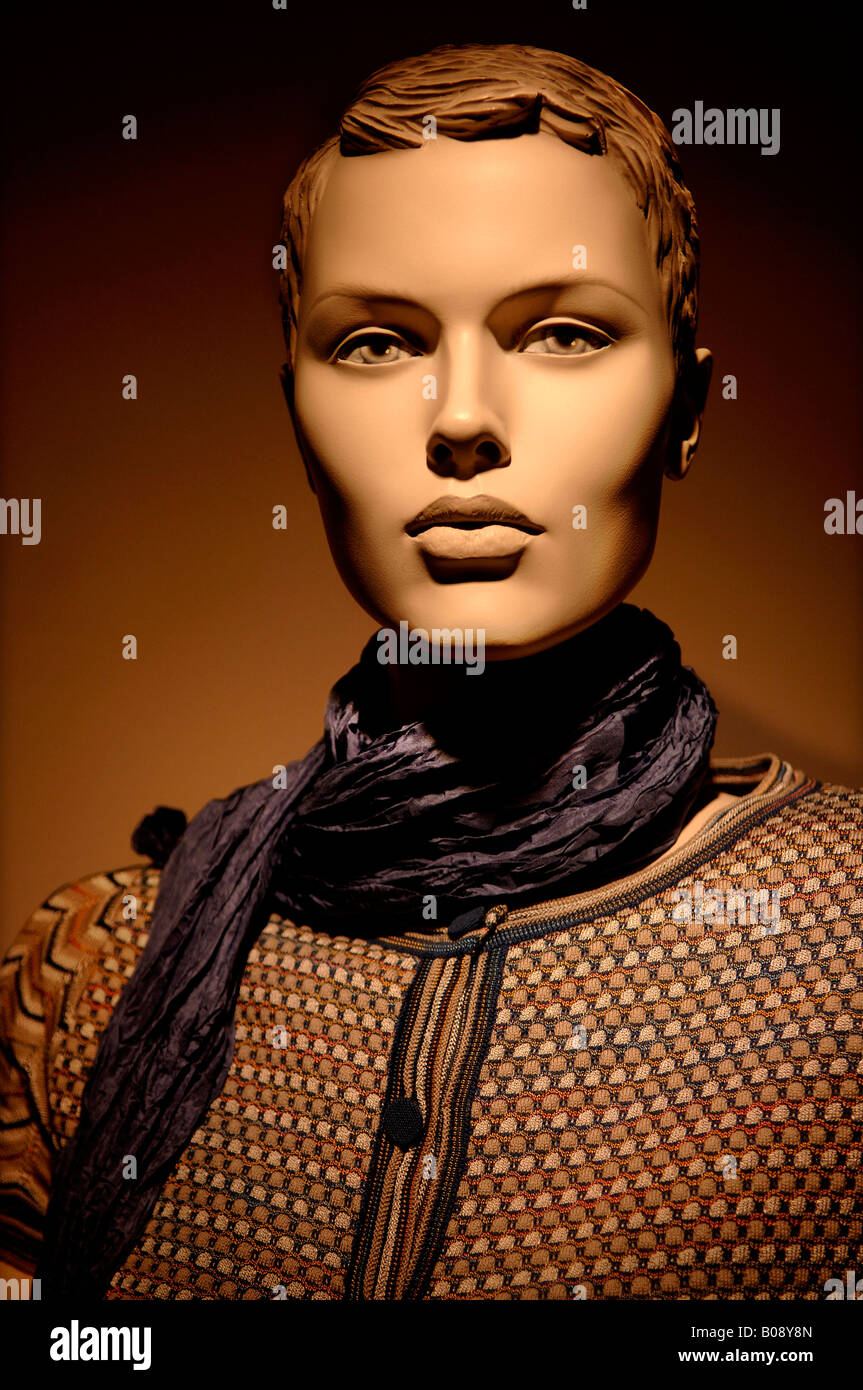 Female storefront mannequin wearing scarf, Erlangen, Middle Franconia, Bavaria, Germany, Europe Stock Photo
