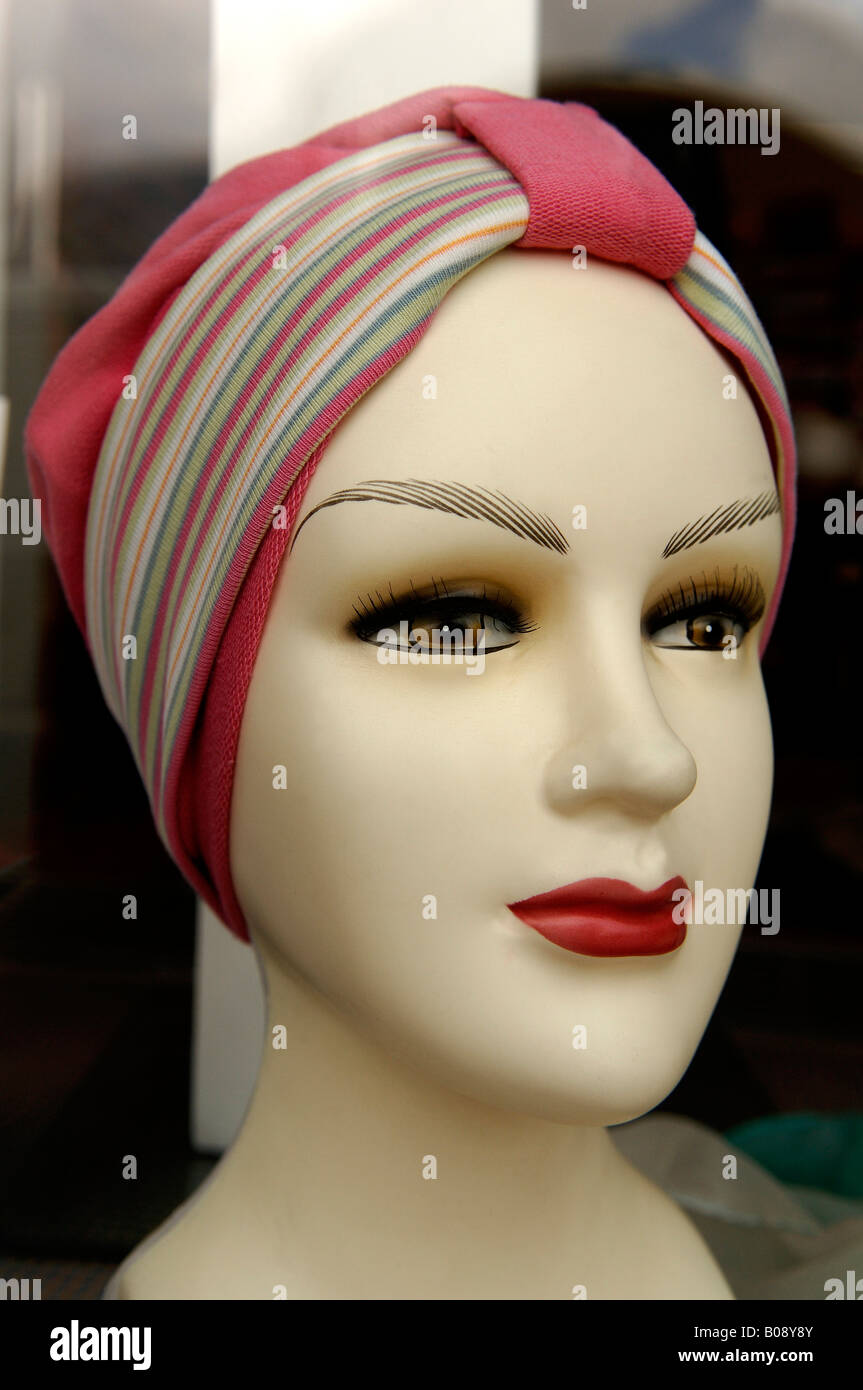 Female storefront mannequin wearing headwrap, Erlangen, Middle Franconia, Bavaria, Germany, Europe Stock Photo