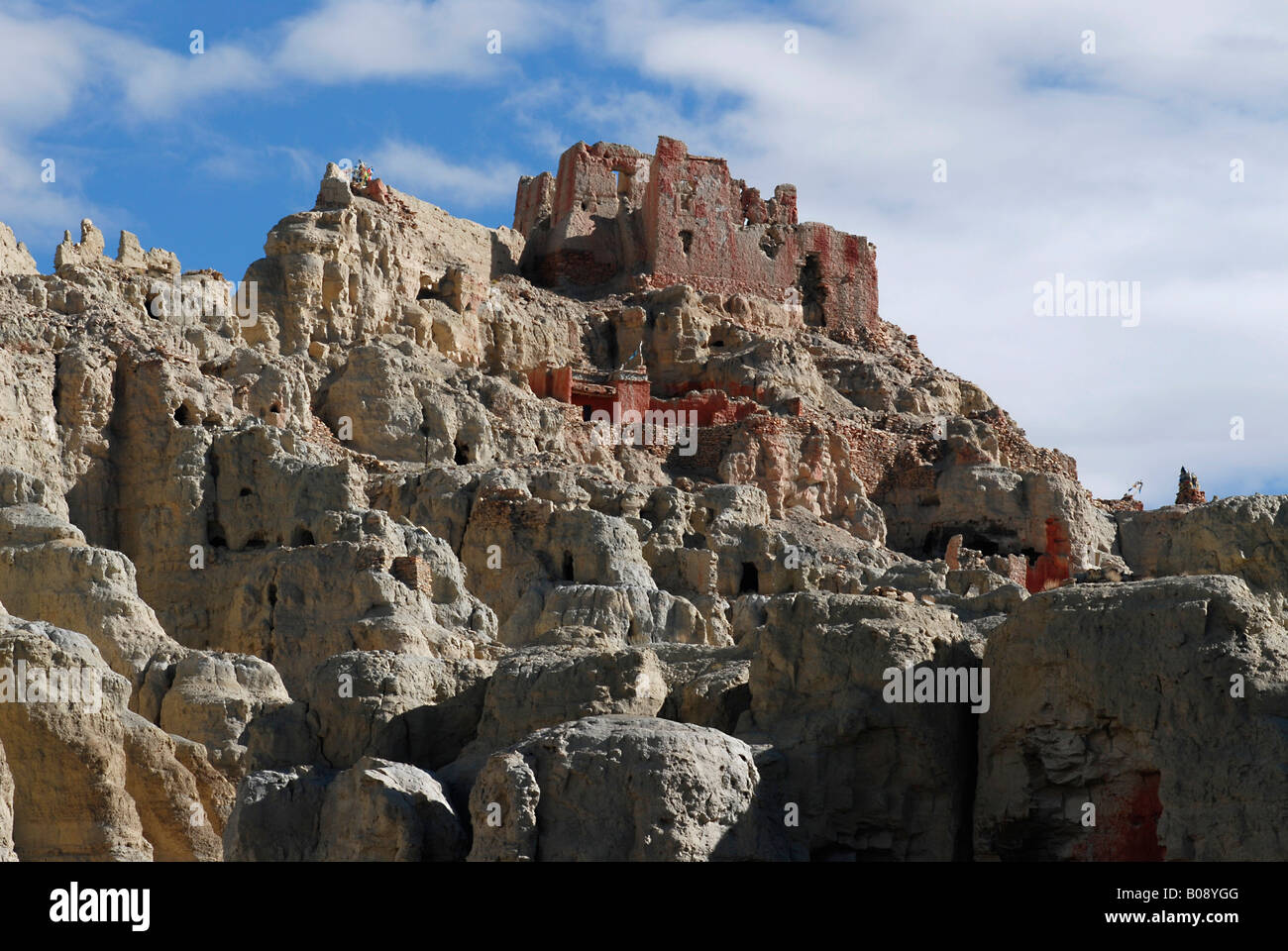 Monastery atop rock formations, Dungkar Caves in the ancient kingdom of Guge, Ngari Province, Western Tibet, China Stock Photo
