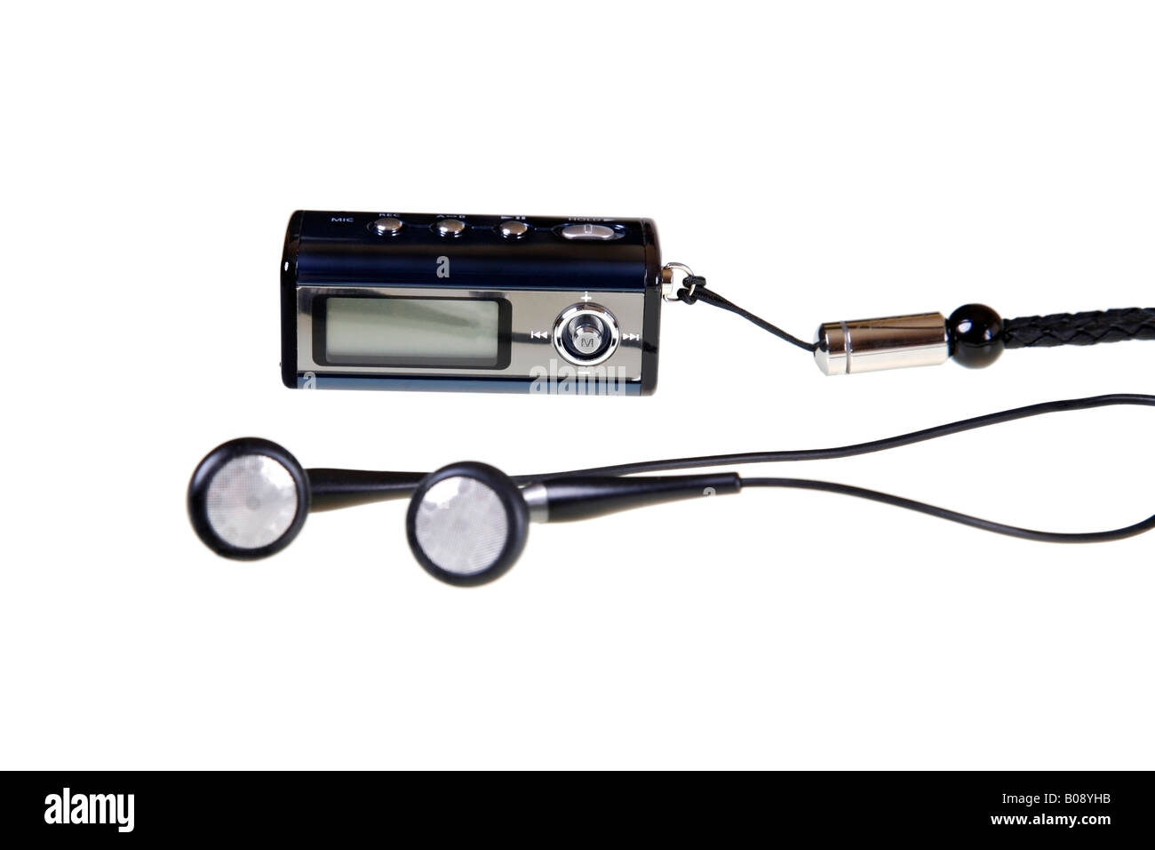 MP3 player, walkman with earphones (earbuds) and carrying strap, cutout Stock Photo