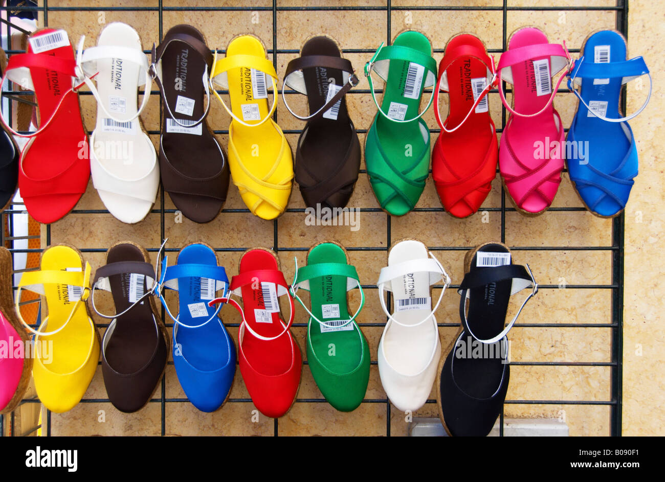 Women's shoes at a shop, shopping street, Seville, Andalusia, Spain Stock Photo
