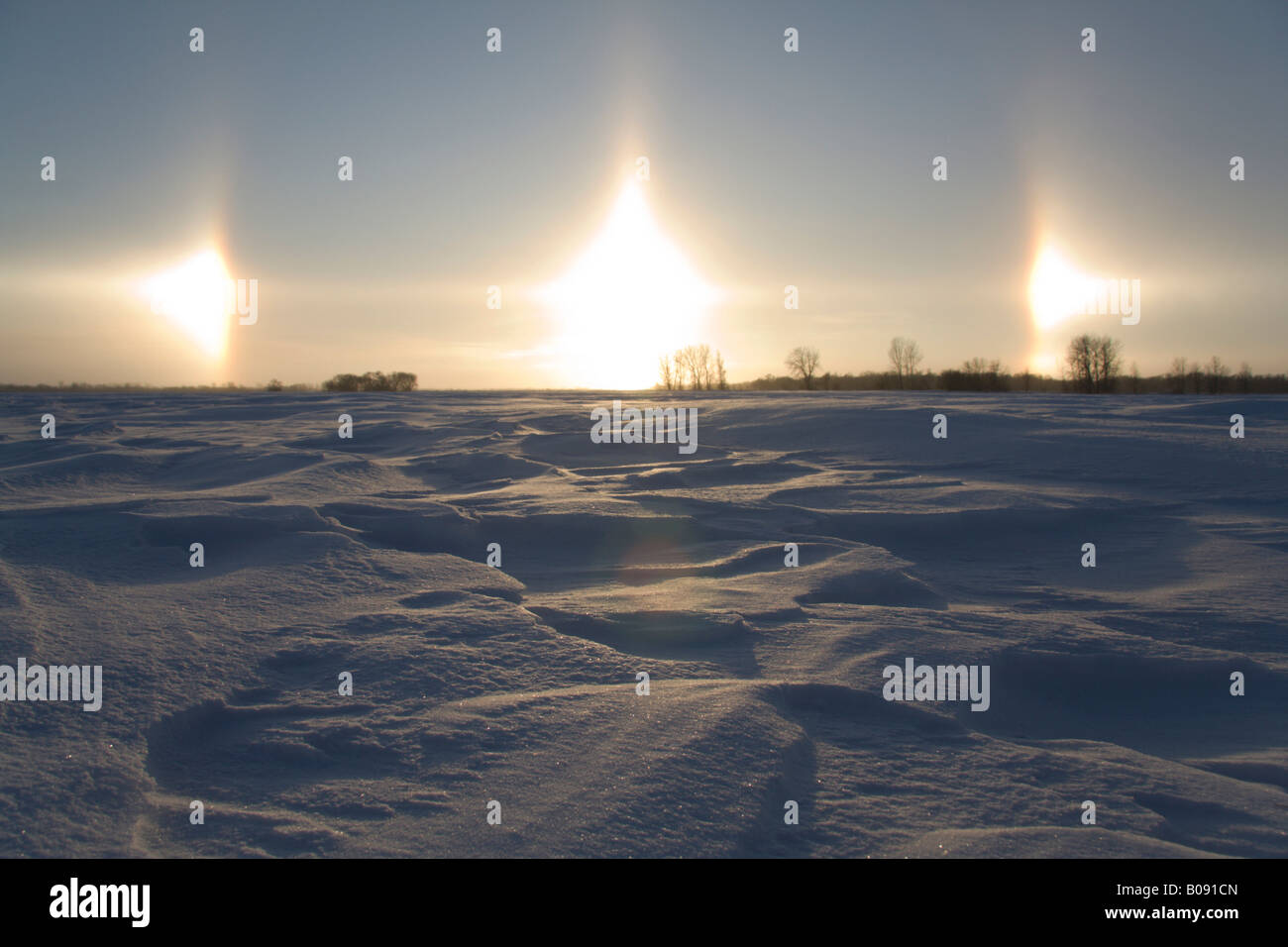 Sun dog, parhelion, parhelia, snow-covered Great Plains in winter, Manitoba, Canada Stock Photo