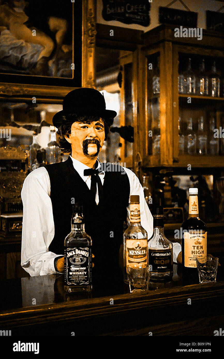 Image of a manikin bartender  behind a vintage western  