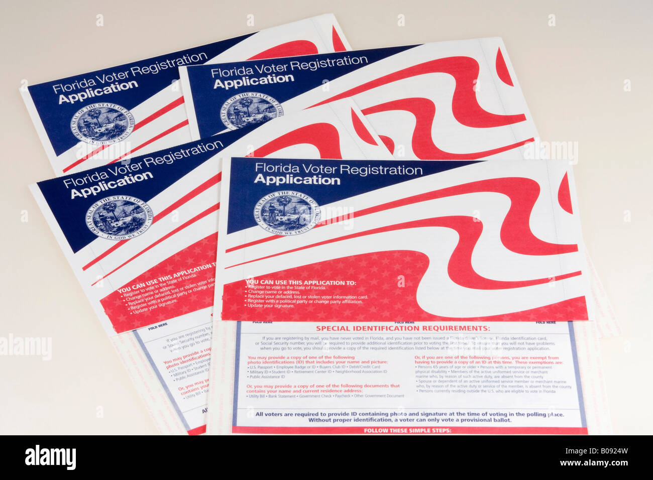 Voter registration cards, application form for elections, Florida, USA Stock Photo