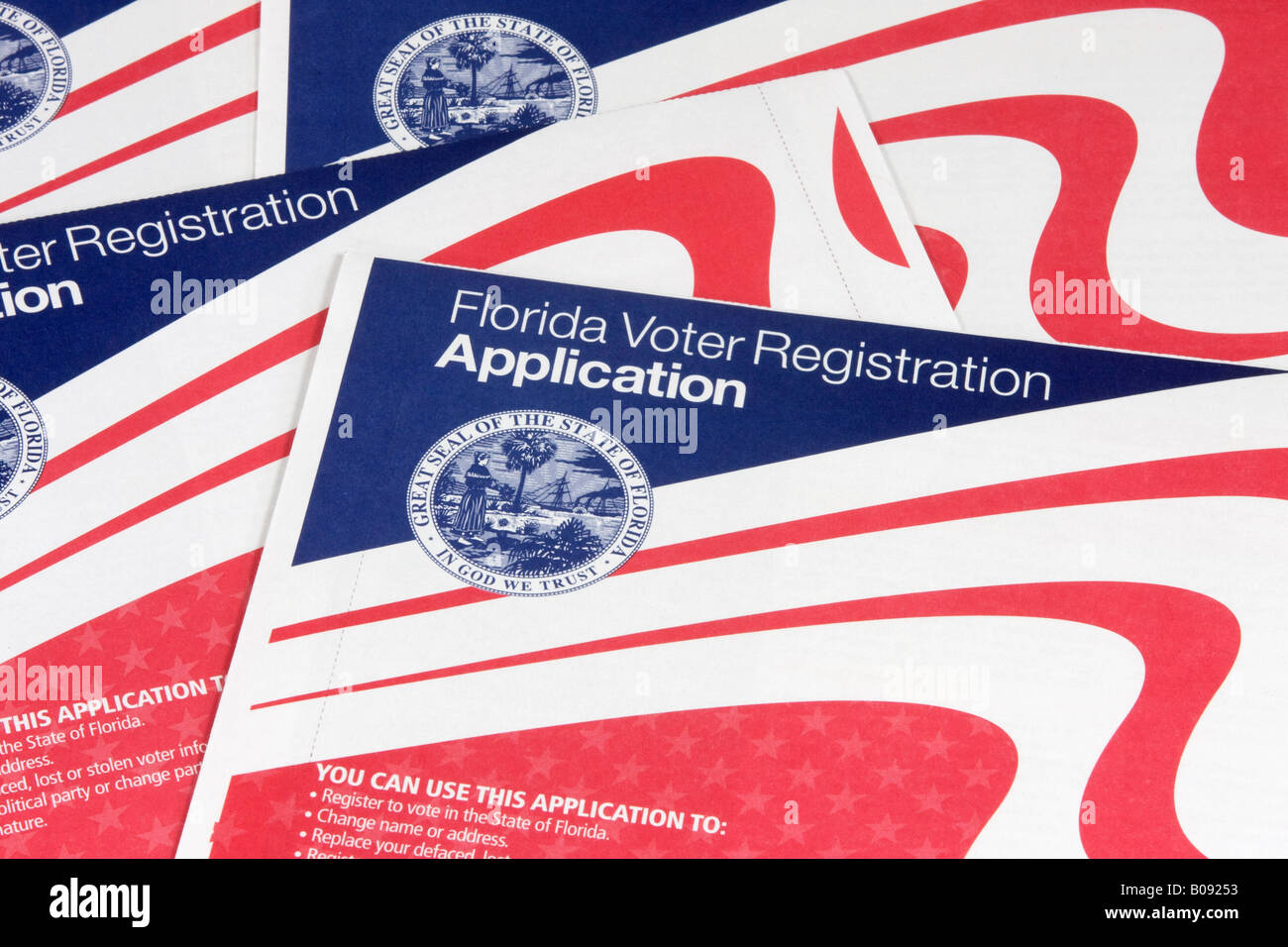 Voter registration cards, application form for elections, Florida, USA Stock Photo