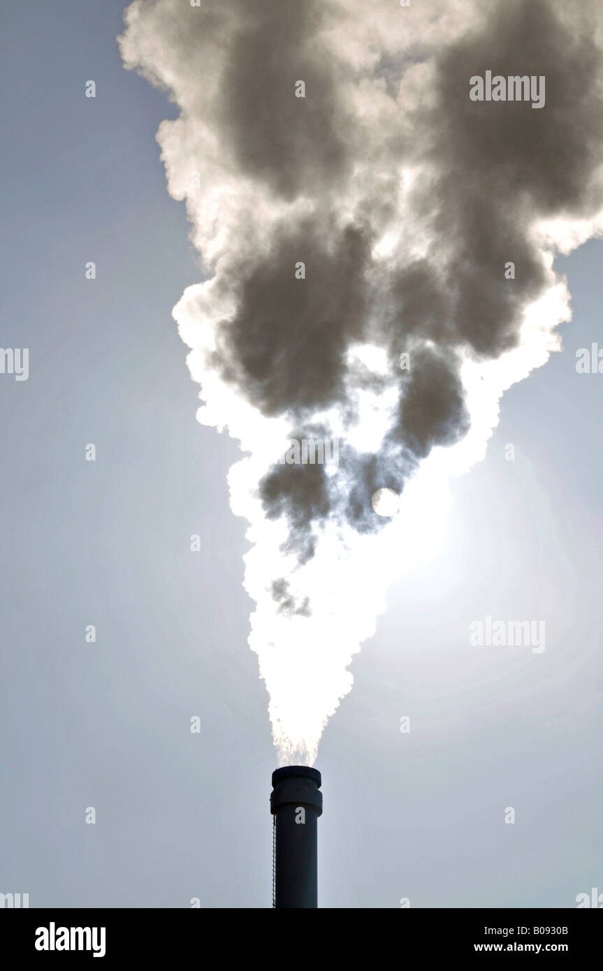 Smoke rising from a smokestack, brown coal co-generation power plant, Germany, Europe Stock Photo