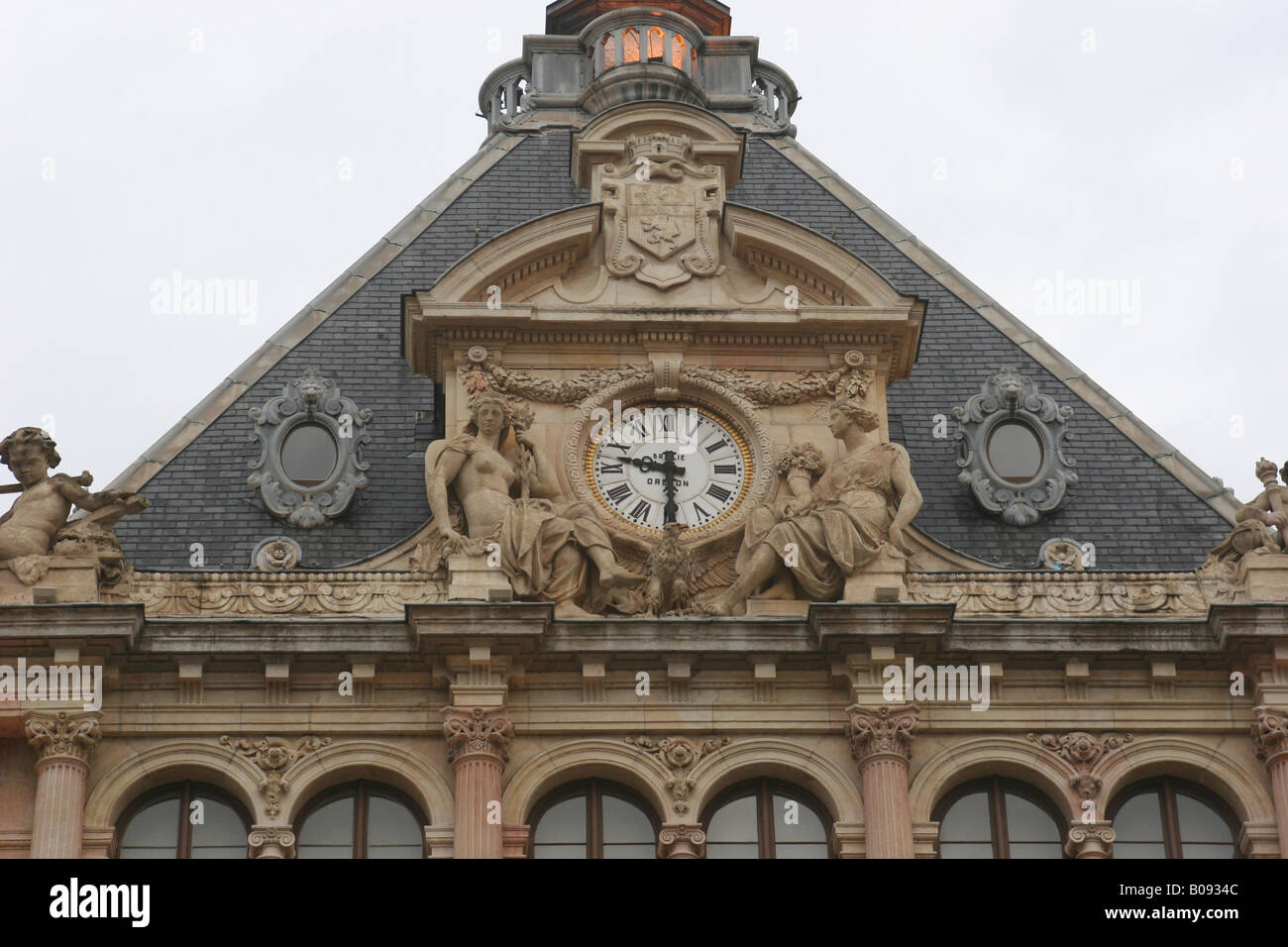 Clock, stock exchange building in Lyon, France Stock Photo