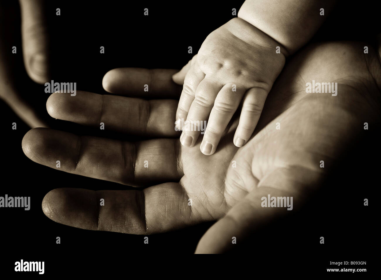 Baby's hand in father's hand Stock Photo