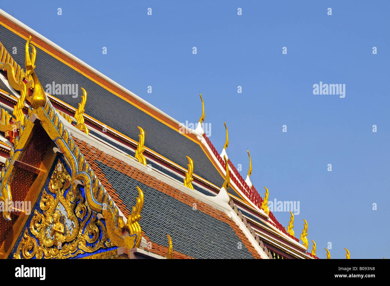 roof of Dusit Maha Prasat with Chofahs (Sky Tassels) in Wat Phra Kaeo, big palace, Thailand, Bangkok Stock Photo