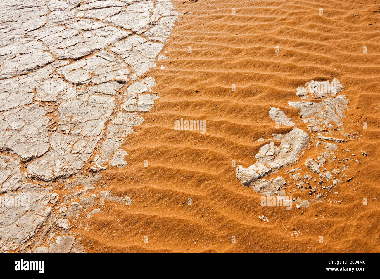 Sand ripples and dried up loamy soil, Deadvlei, Namib Desert, Namibia, Africa Stock Photo