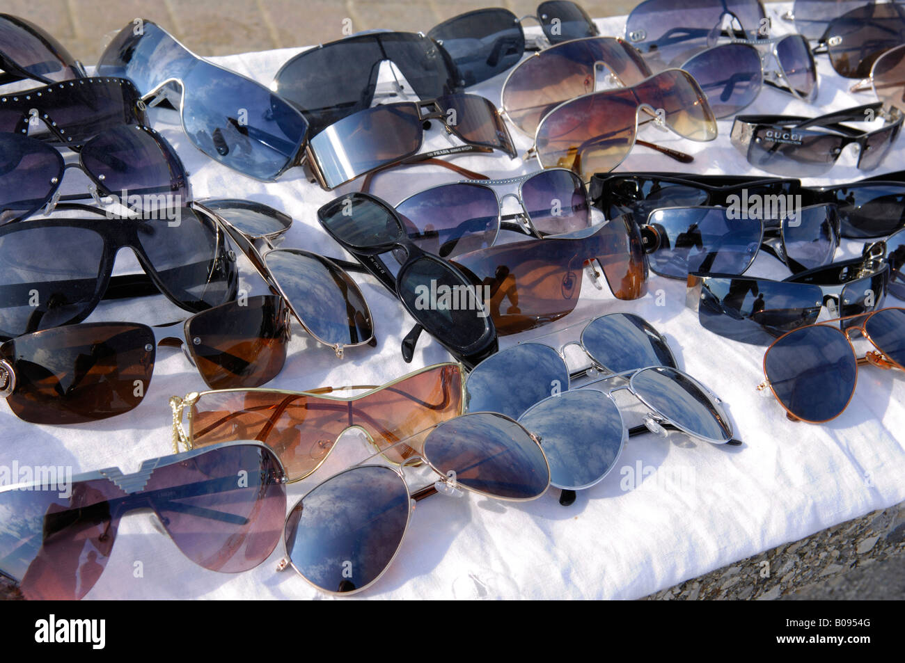 Sunglasses, knock-offs, Caorle, Venezia, Veneto, Italy Stock Photo