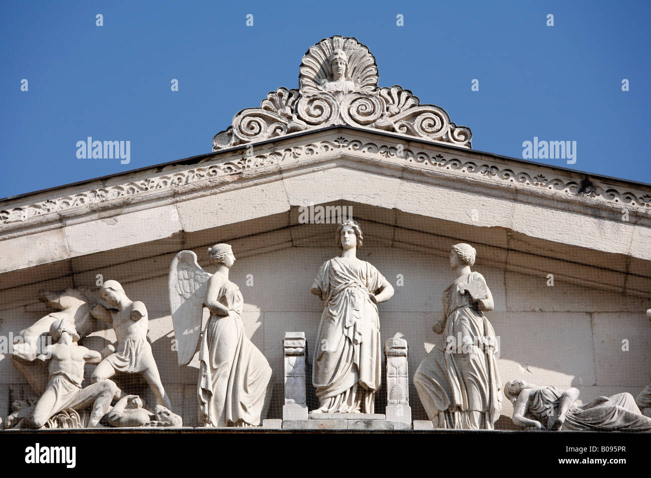 Detail showing statues on the western facade of the Propylaea, Propylea or Propylaia at Koenigsplatz Square, Munich, Bavaria, G Stock Photo