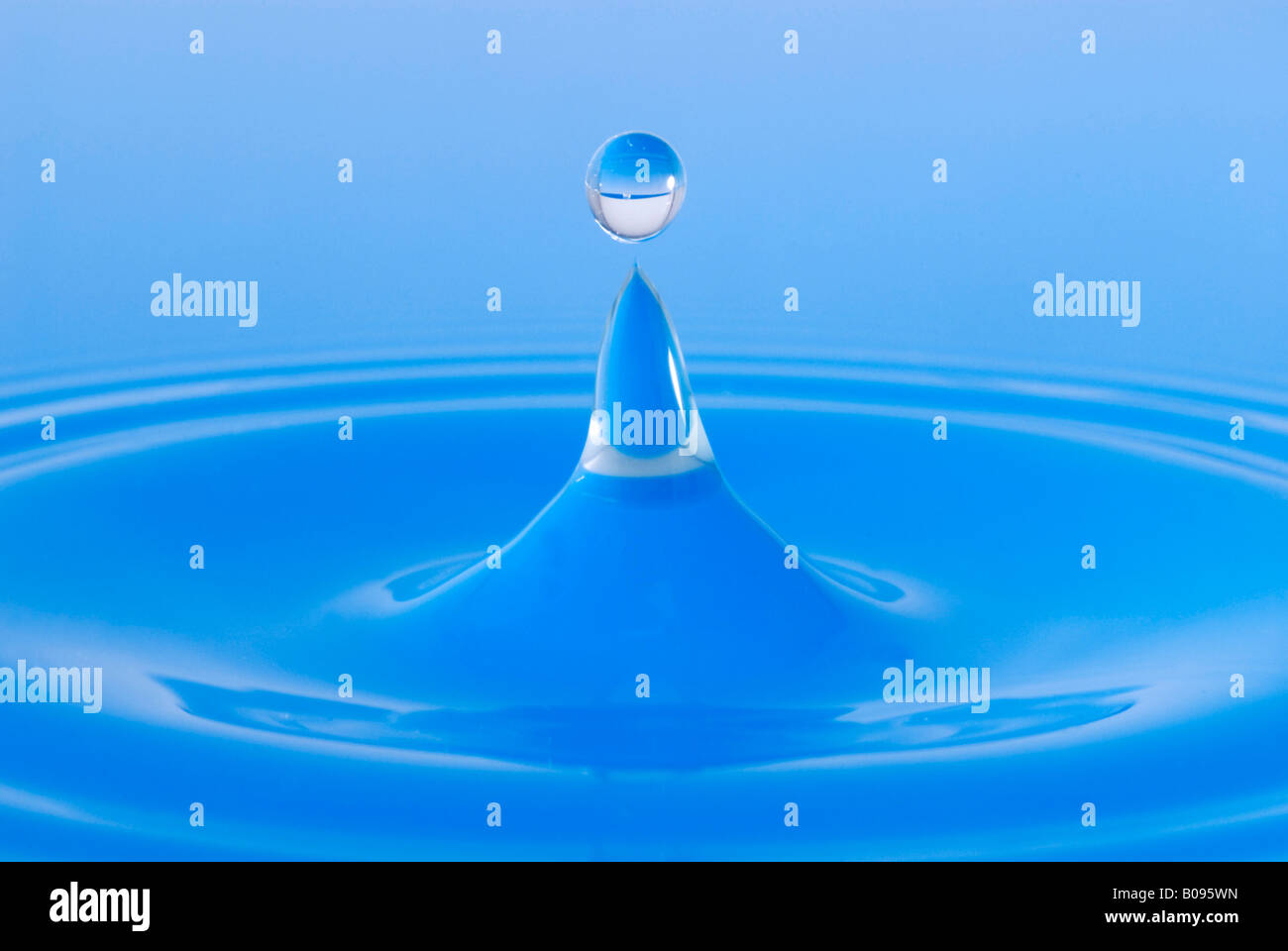 Perfectly suspended blue water drop on the water's surface Stock Photo