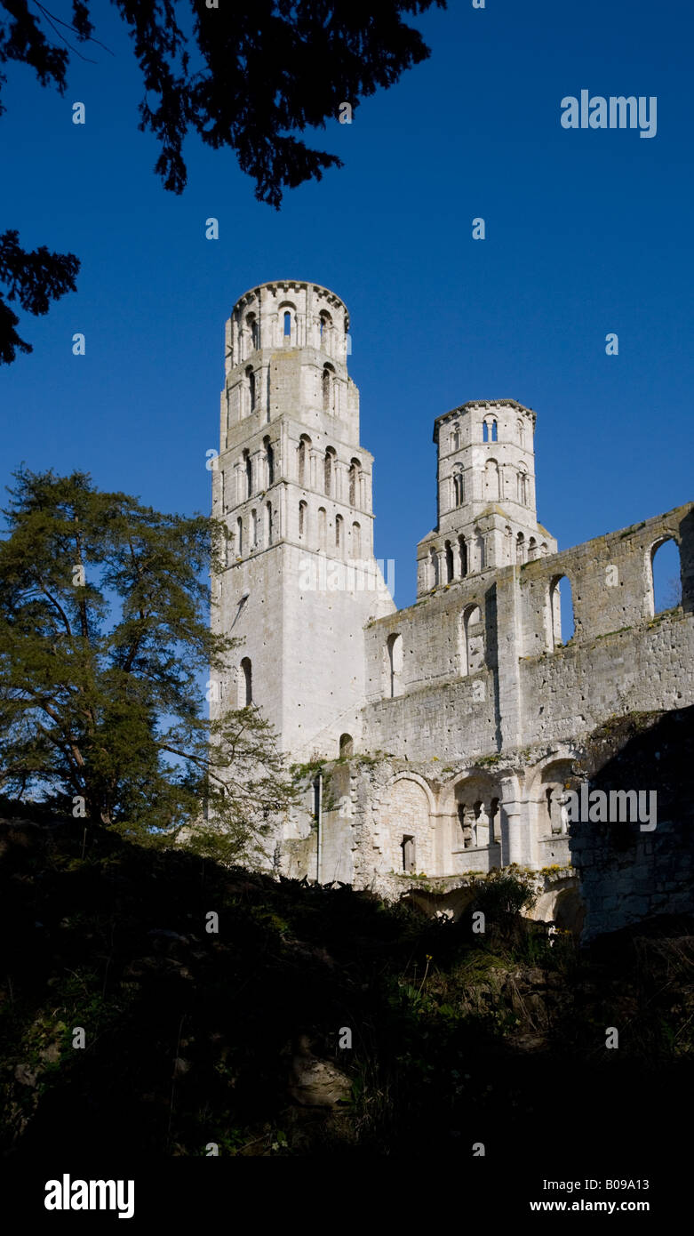 Benedictine Abbaye de Jumièges in Jumieges Normandie France a ruined French abbey founded by St Philbert in 654. Stock Photo