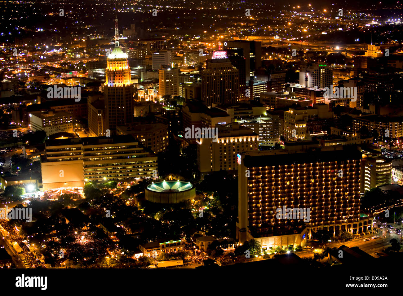 San Antonio Texas at Night from above La Villita Stock Photo
