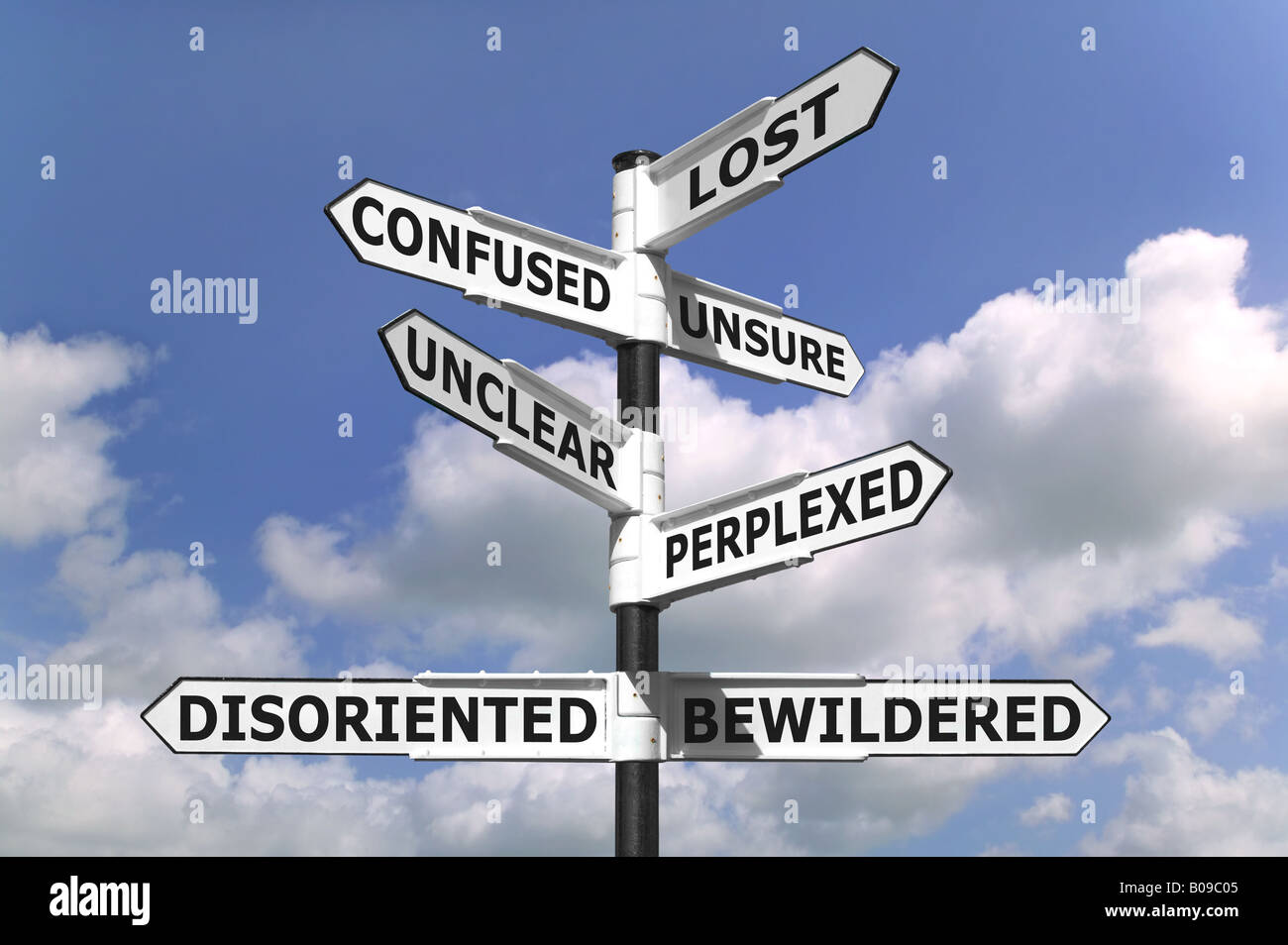 Concept image of a lost and confused signpost against a blue cloudy sky Stock Photo