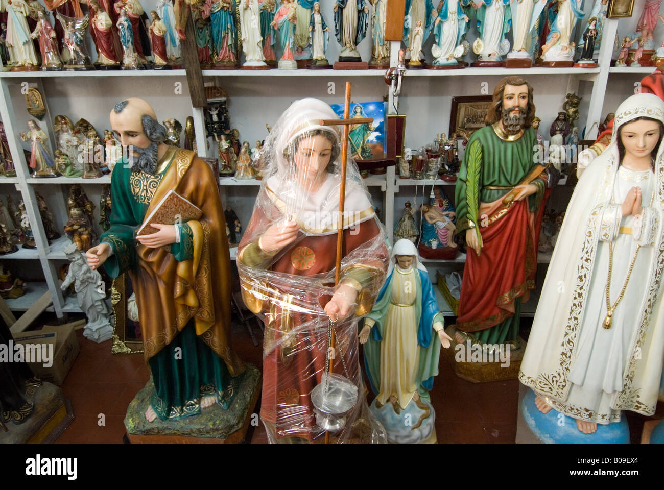 Shop selling Christian religious icons, Bogota Colombia Stock Photo