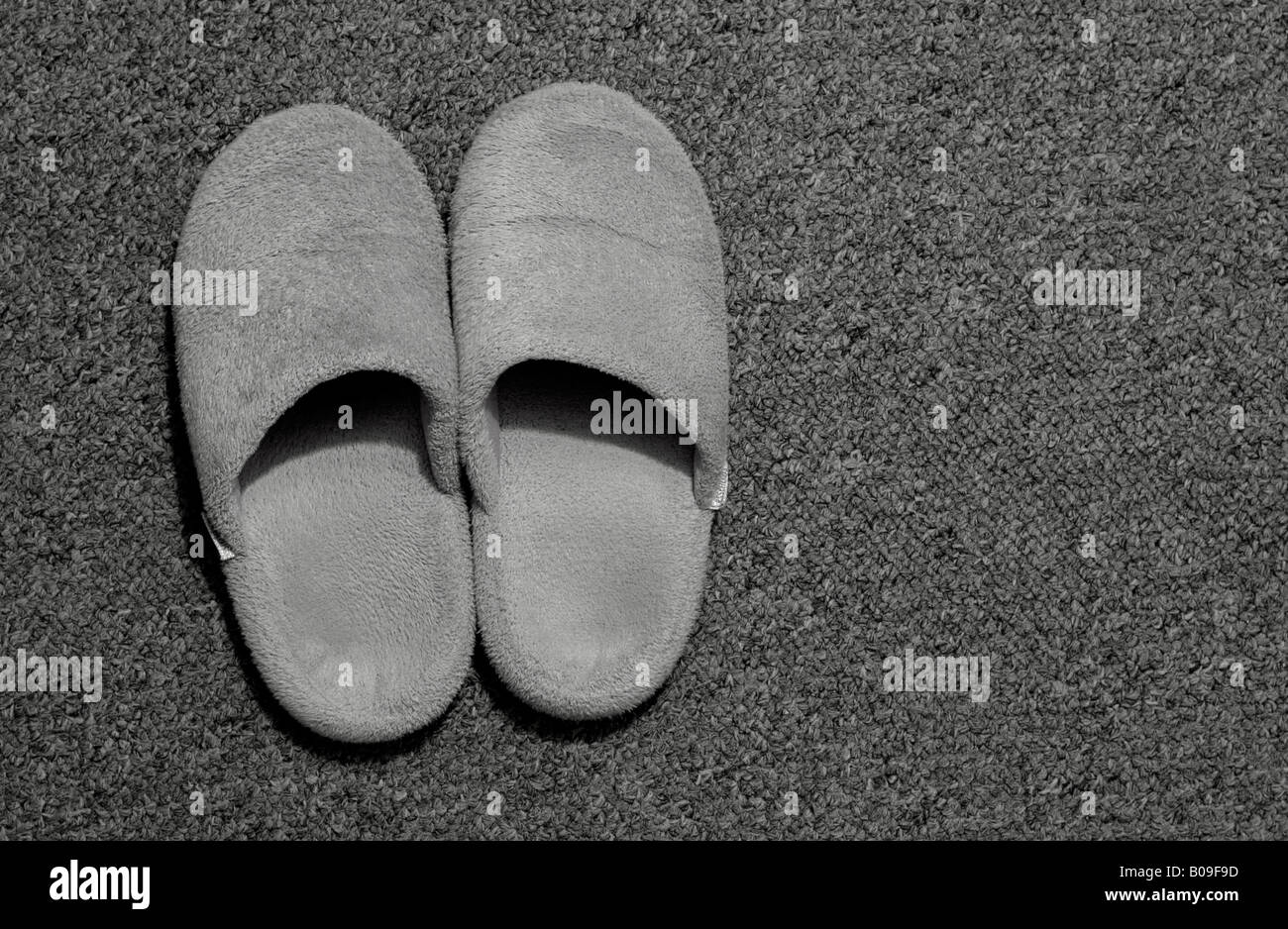 Pair of slippers on carpet close up Stock Photo