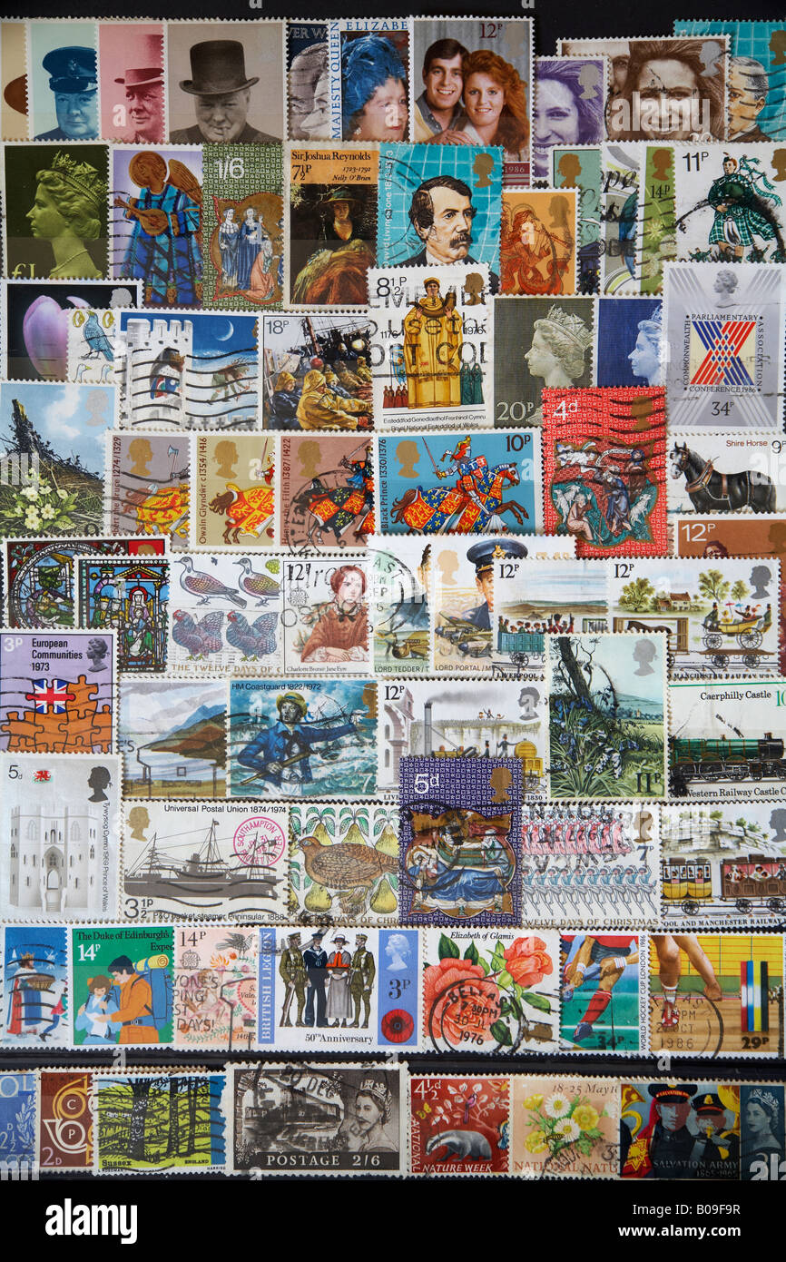 A page from a stamp collectors album showing an assortment of British