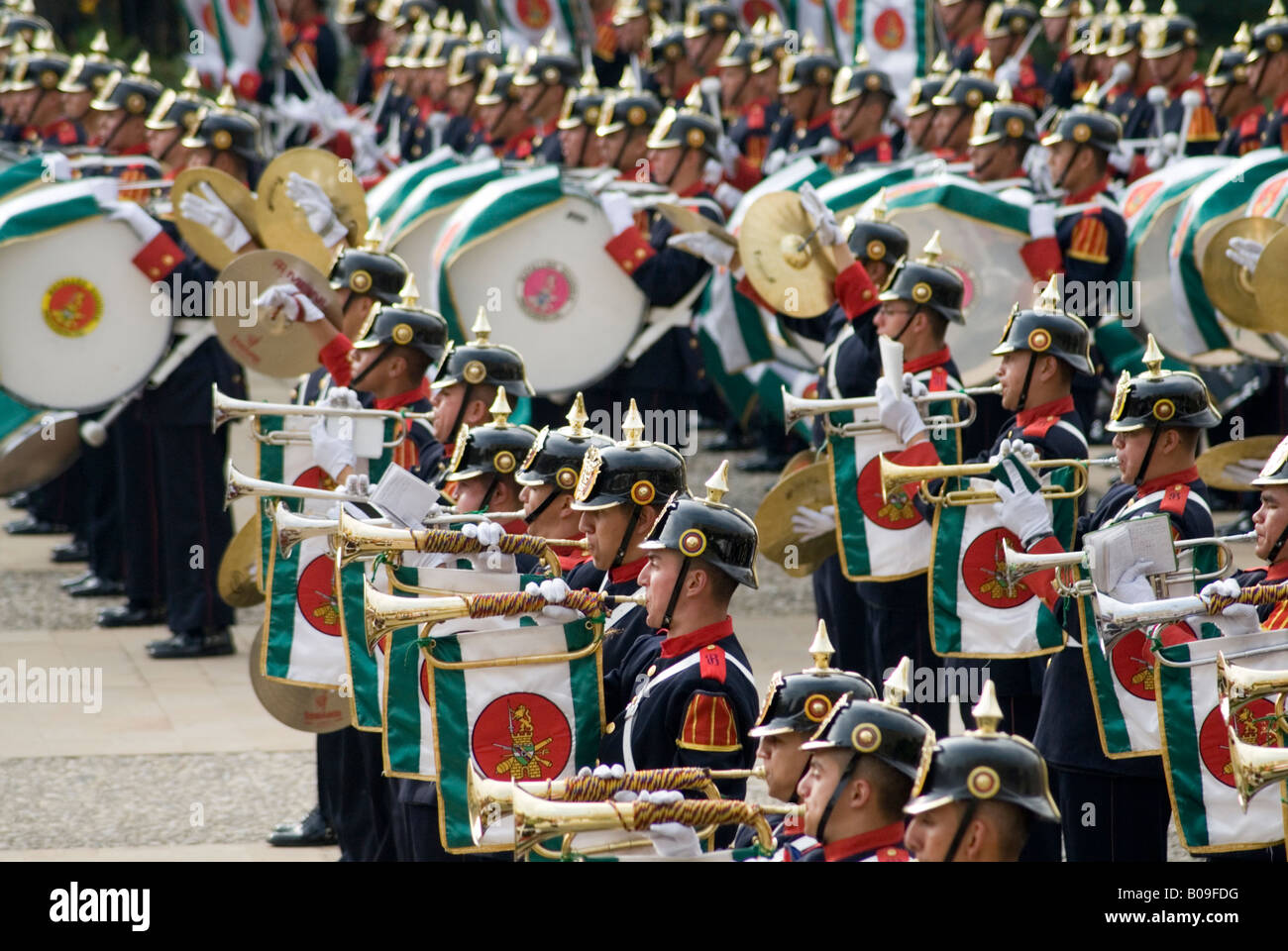 Military band playing bugles during a parade in the grounds of the Casa de Narino, Bogota Colombia Stock Photo