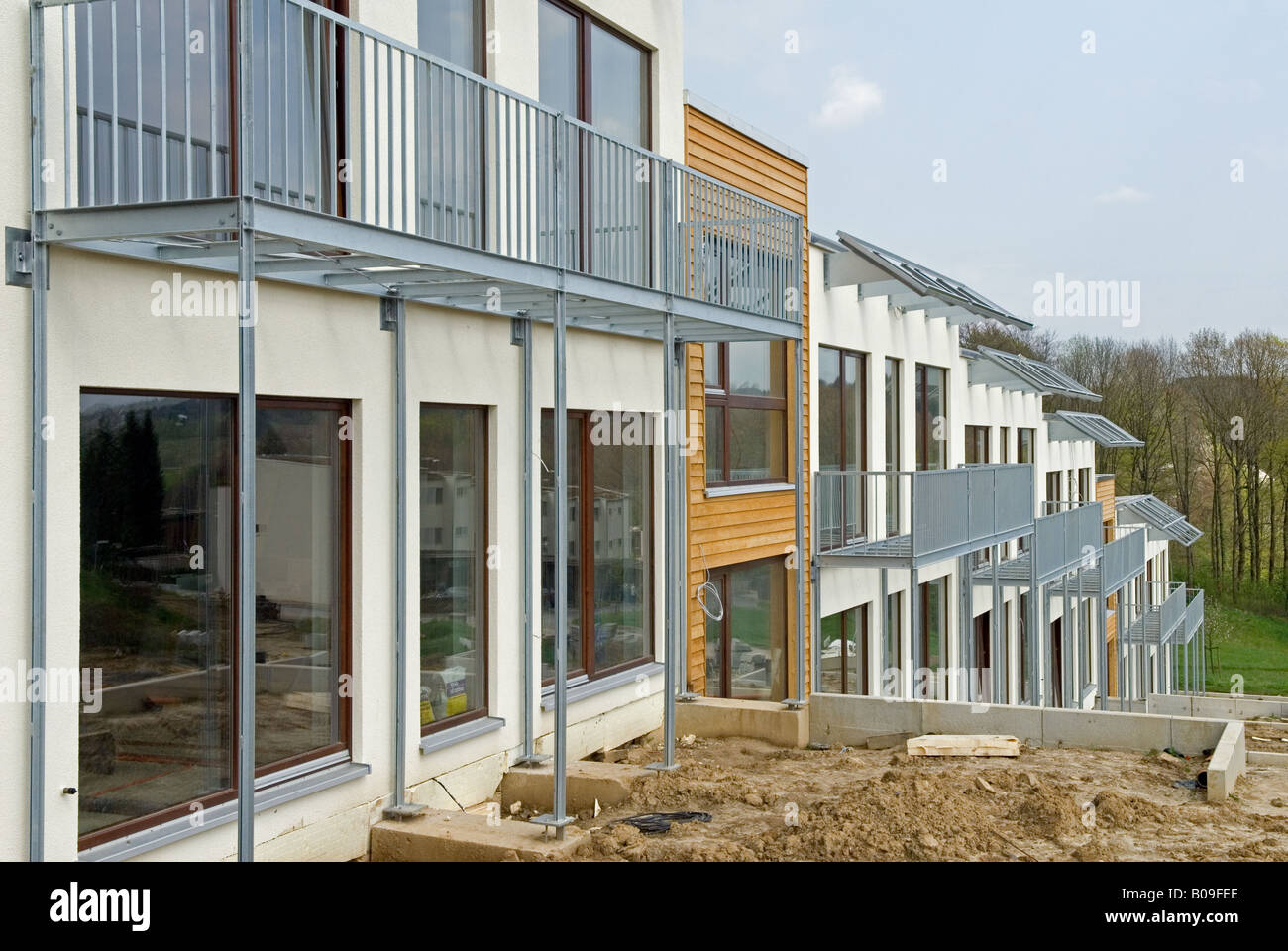 Eco-friendly housing with built-in solar energy triple glazing and rainfall harvesting systems, Leverkusen-Schlebusch, Germany. Stock Photo